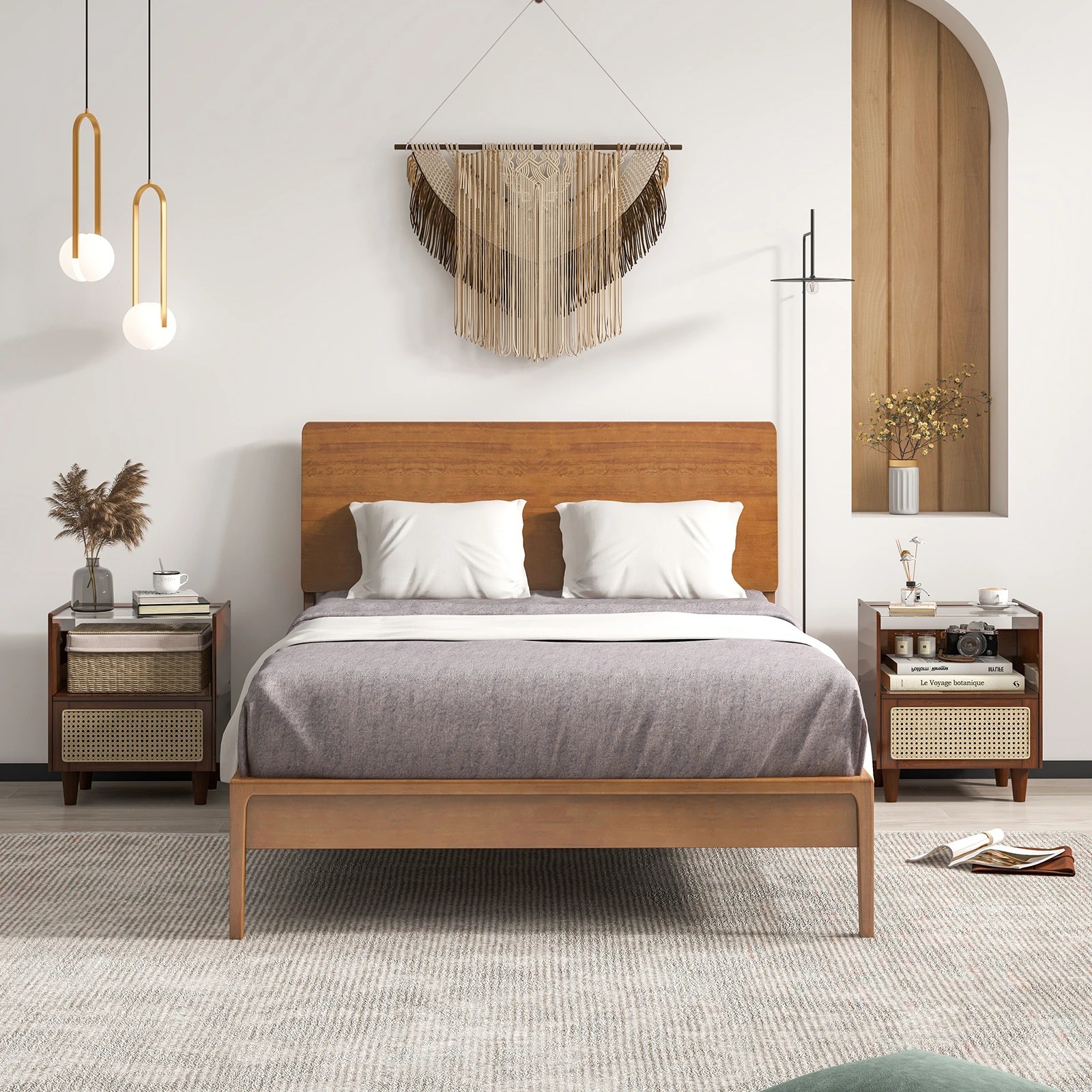 4 Costway Bamboo Rattan Nightstand Boho End Side Table w/Solid Wood Legs - Brown, 4 of 5