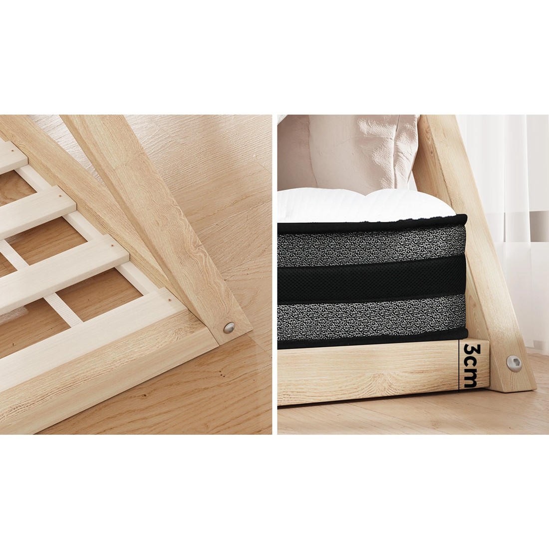 8 Oikiture King Single Kids Bed Frame Mattress Set Wooden Timber Teepee House Beds
 - Multi, 8 of 10