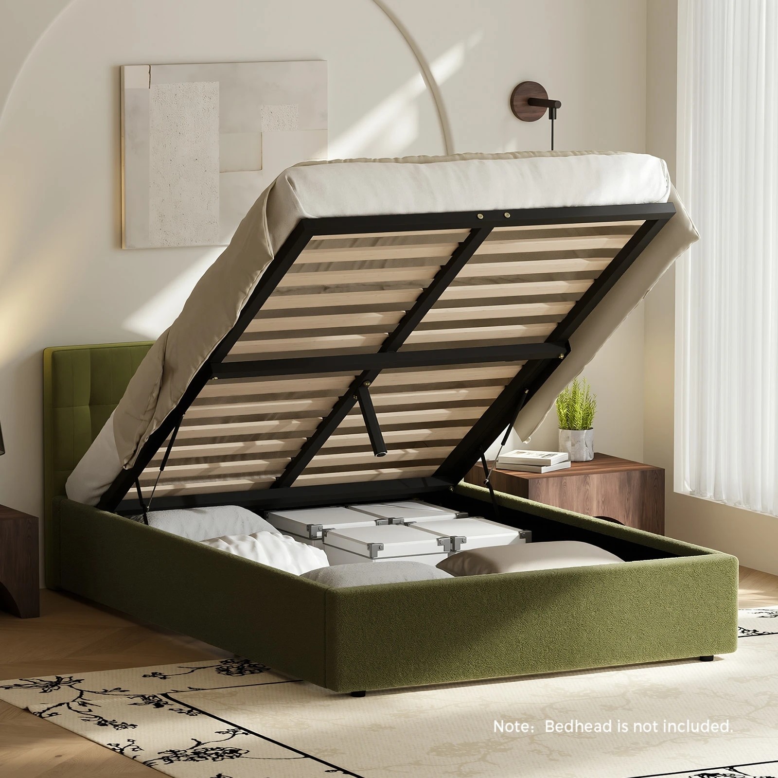 4 Oikiture Bed Frame Double Size Gas Lift Base with Storage Boucle - Green, 4 of 8