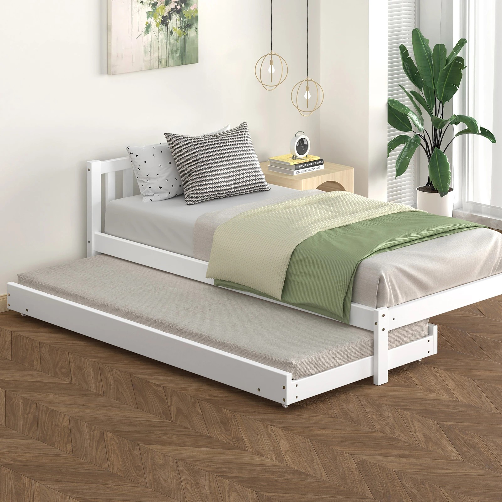 2 Alfordson Bed Frame 2x Single Size Trundle Wooden Mattress Base Timber - White, 2 of 10