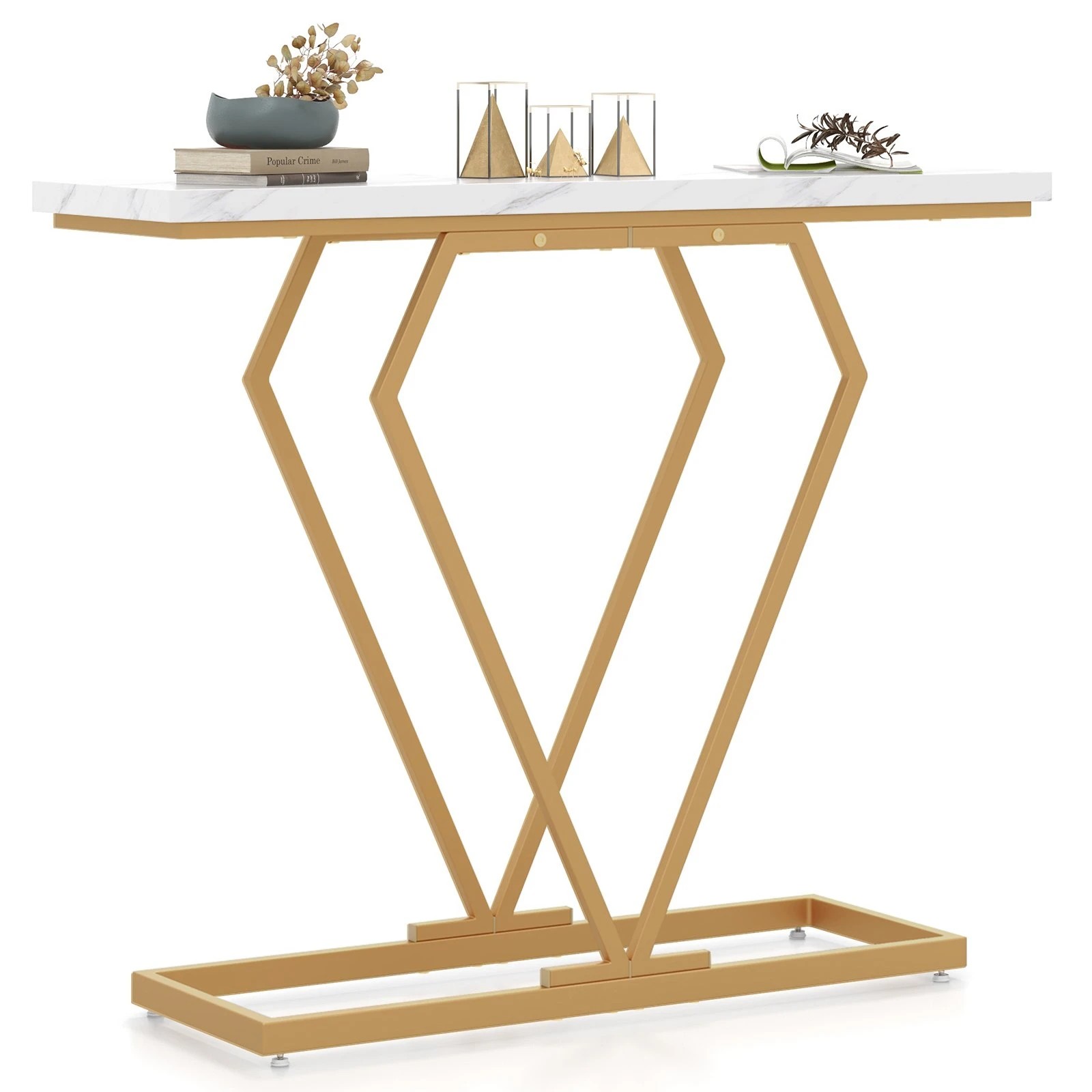 4 Costway 100cm Console Table Narrow Accent Table Faux Marble Entryway Table Gold, 4 of 4