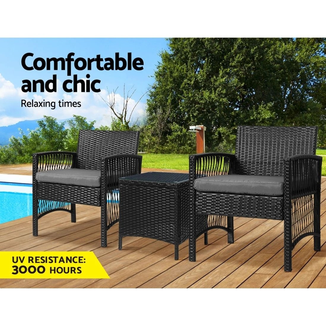5 Gardeon 3pc Outdoor Bistro Set Patio Furniture Wicker Dining Chairs Table Cushion Patio Furniture Compact - Black, 5 of 6