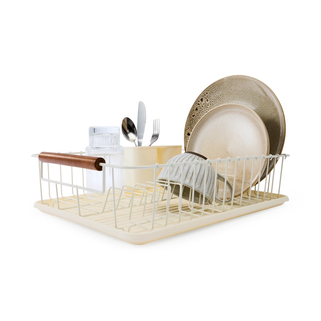 1 Off White Acacia Handle Dish Rack, 1 of 7