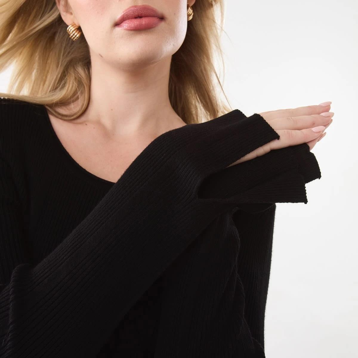6 Long Sleeve Scoop Knit Skater Mini Dress Black, 6 of 10