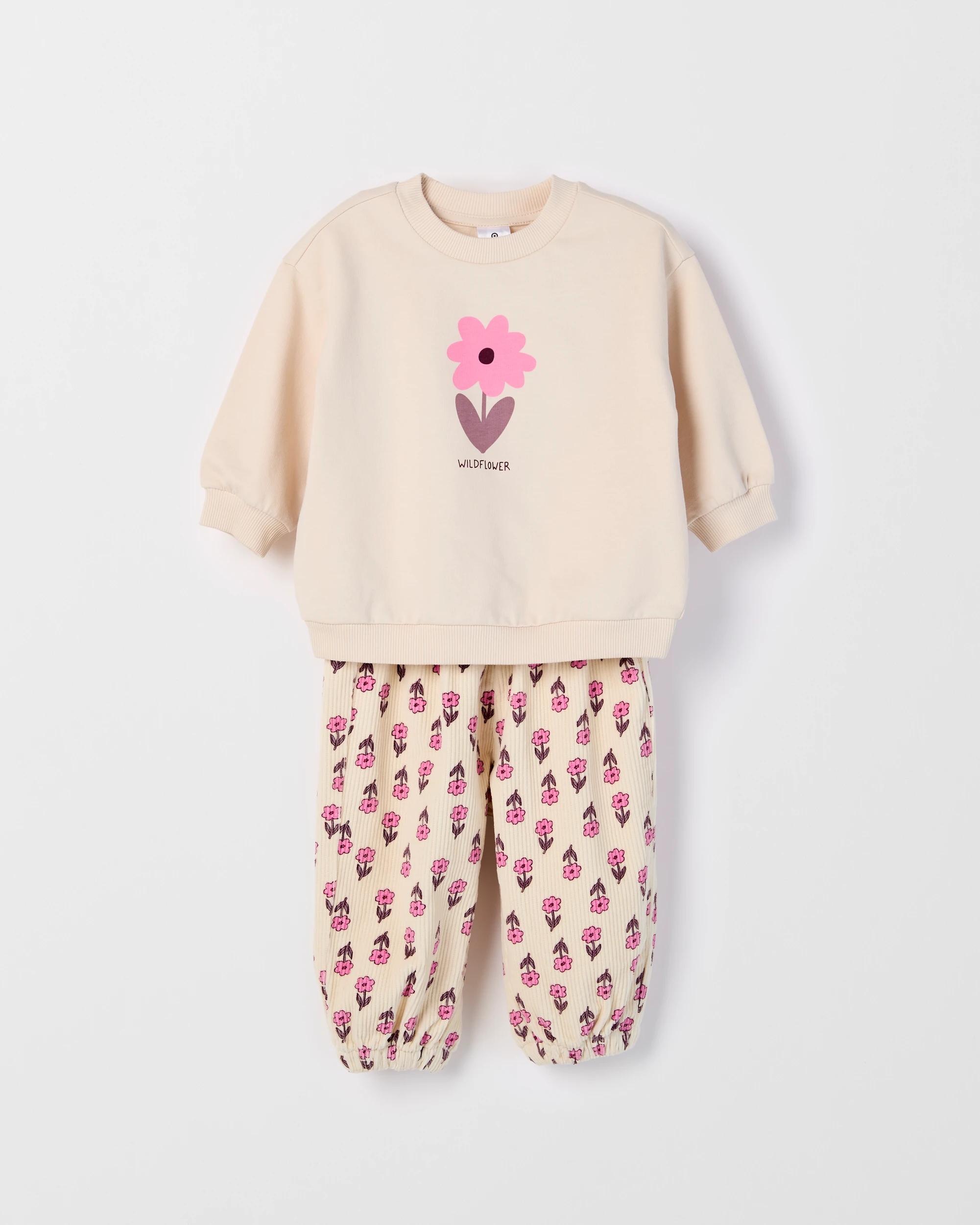 1 Target Baby Baby Organic Cotton Fleece Jumper & Soft Cord Pants 2 Piece Set WILD FLOWER, 1 of 3