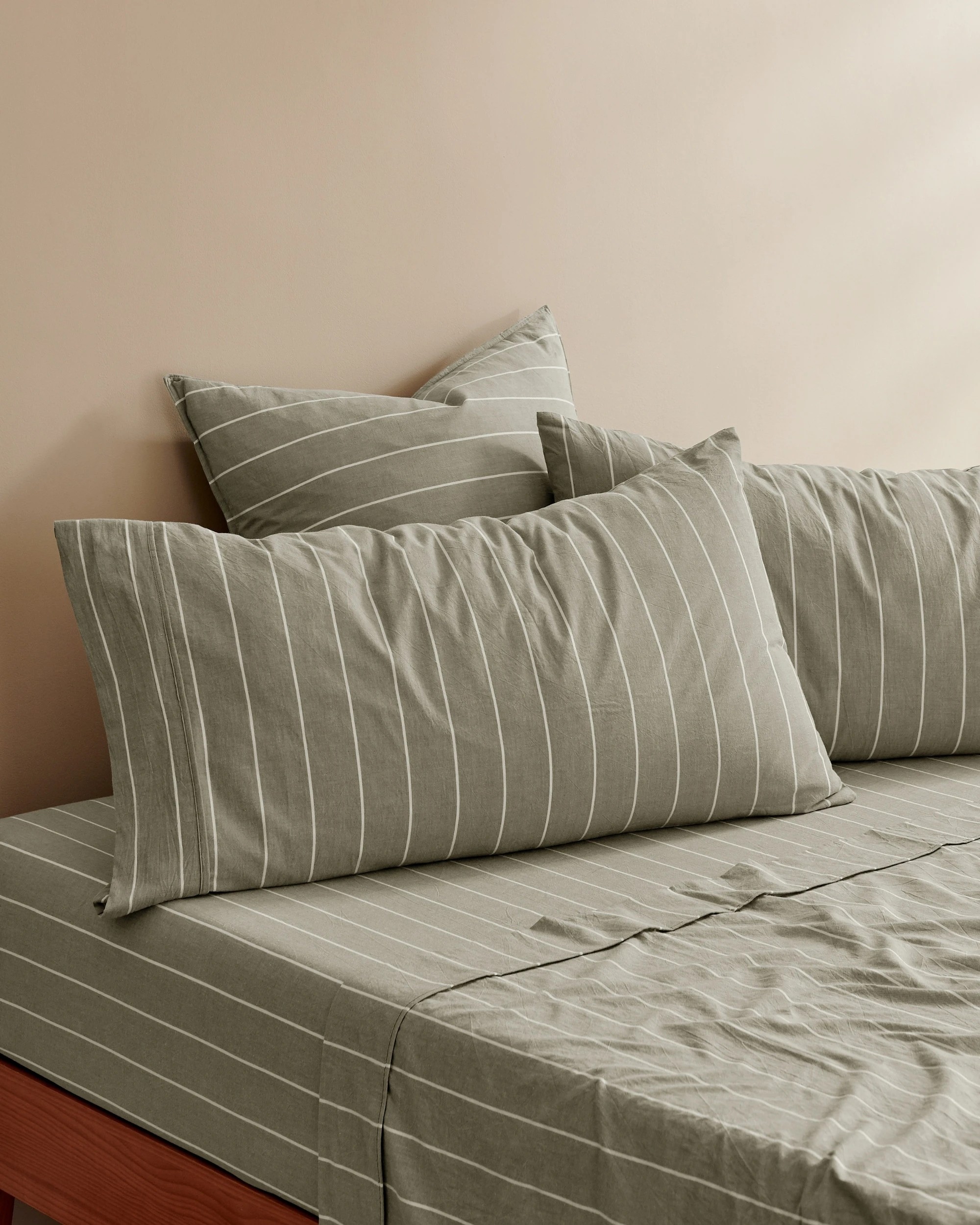 1 Dreamaker Rumi Stripe Washed Cotton King Pillowcase Twin Pack - Olive with White, 1 of 4