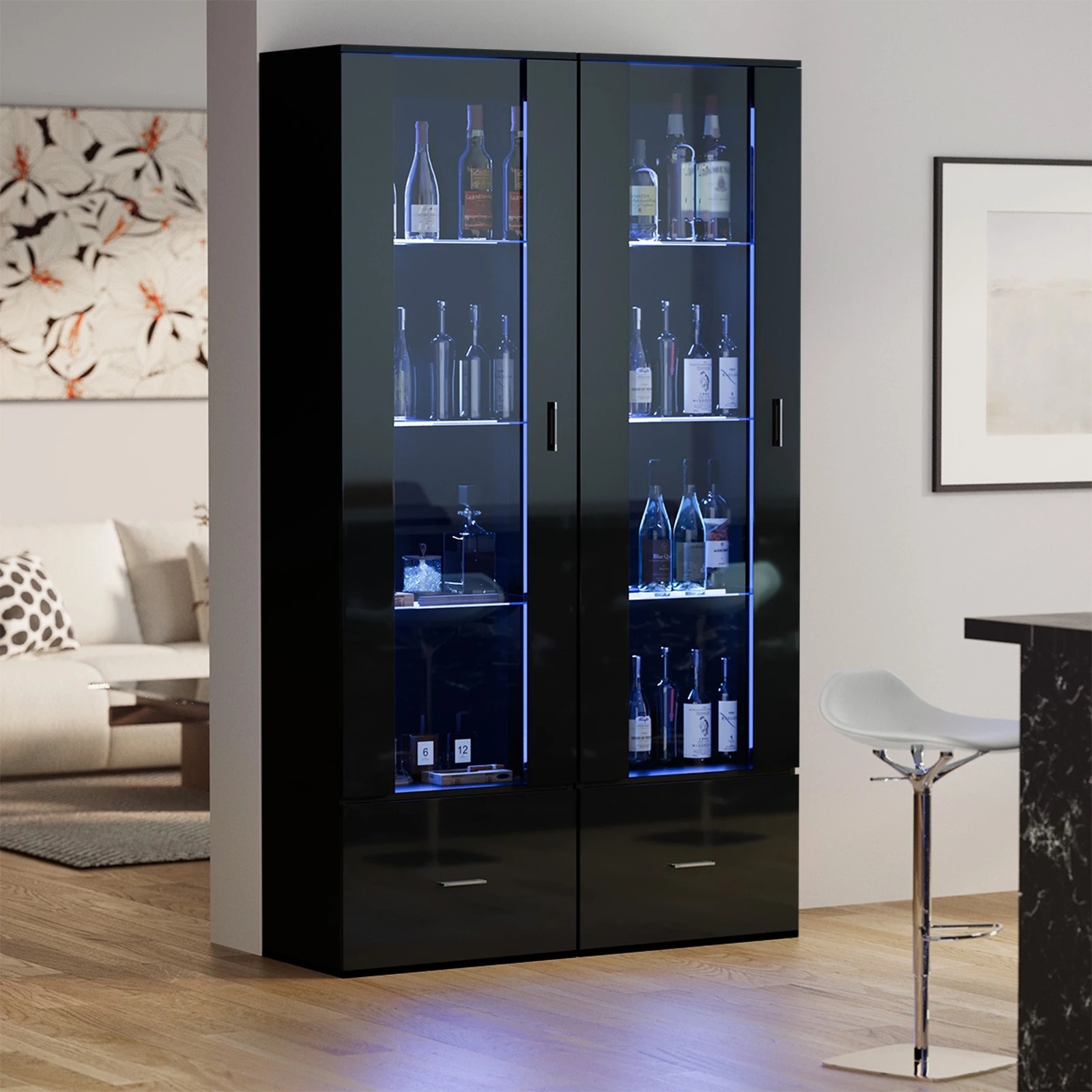 3 Oikiture Display Cabinet Buffet Sideboard LED Light Cupboard- Black, 3 of 10