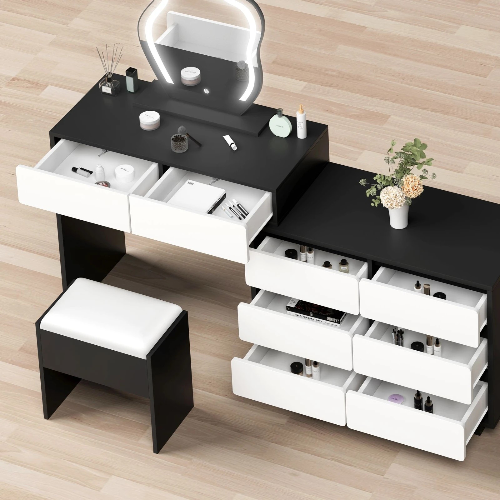 4 Alfordson Dressing Table Stool Set Makeup Mirror Desk LED 8 Drawers - Black White, 4 of 10