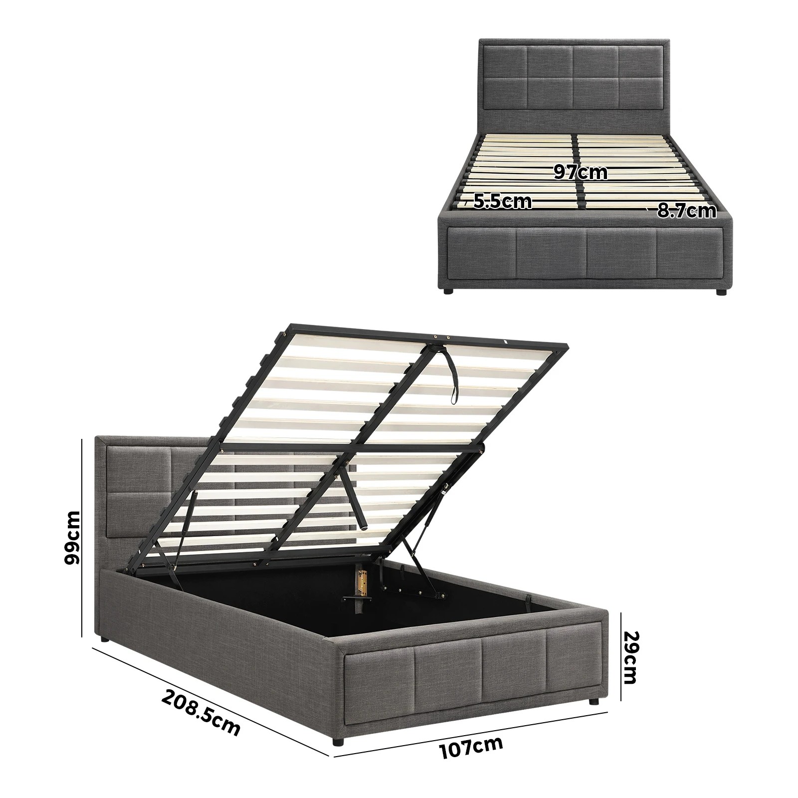 2 Oikiture Bed Frame King Single Gas Lift Storage Base Fabric - Grey, 2 of 10