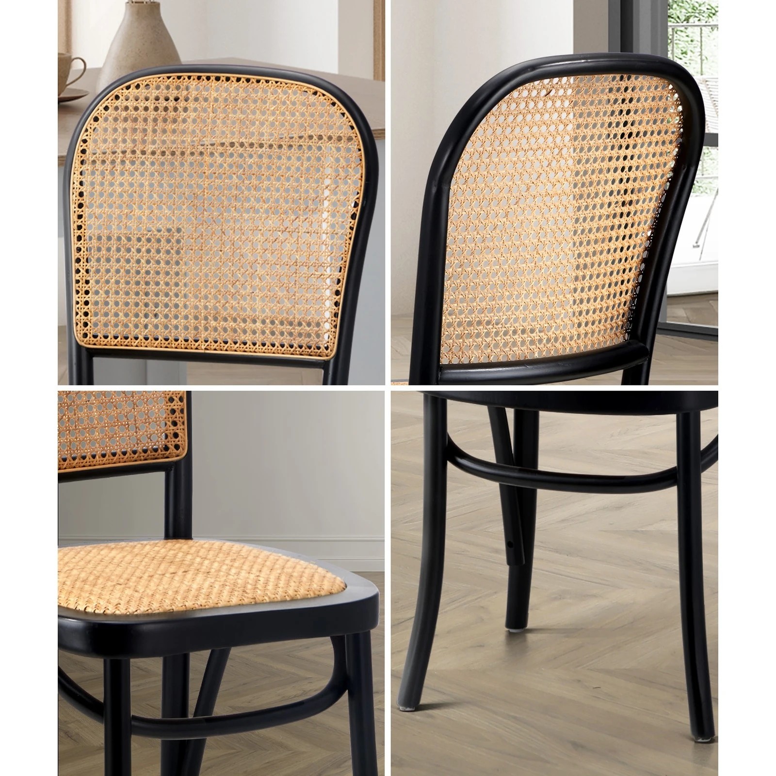 4 Oikiture Dining Chairs Wooden Chairs Rattan Accent Chair - Black, 4 of 9