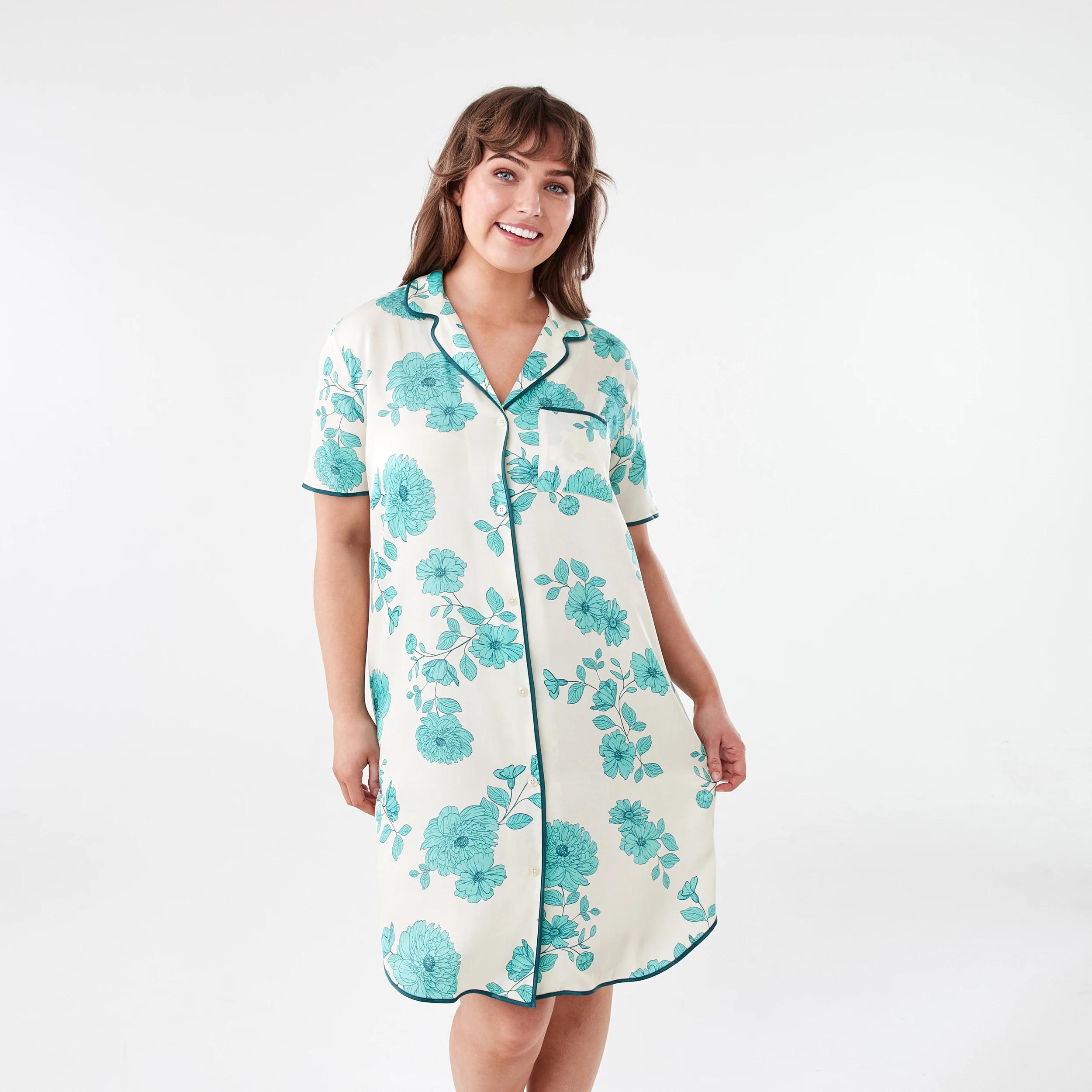 1 Short Sleeve Matte Satin Nightie GREEN FLORAL DEEP MINT, 1 of 6