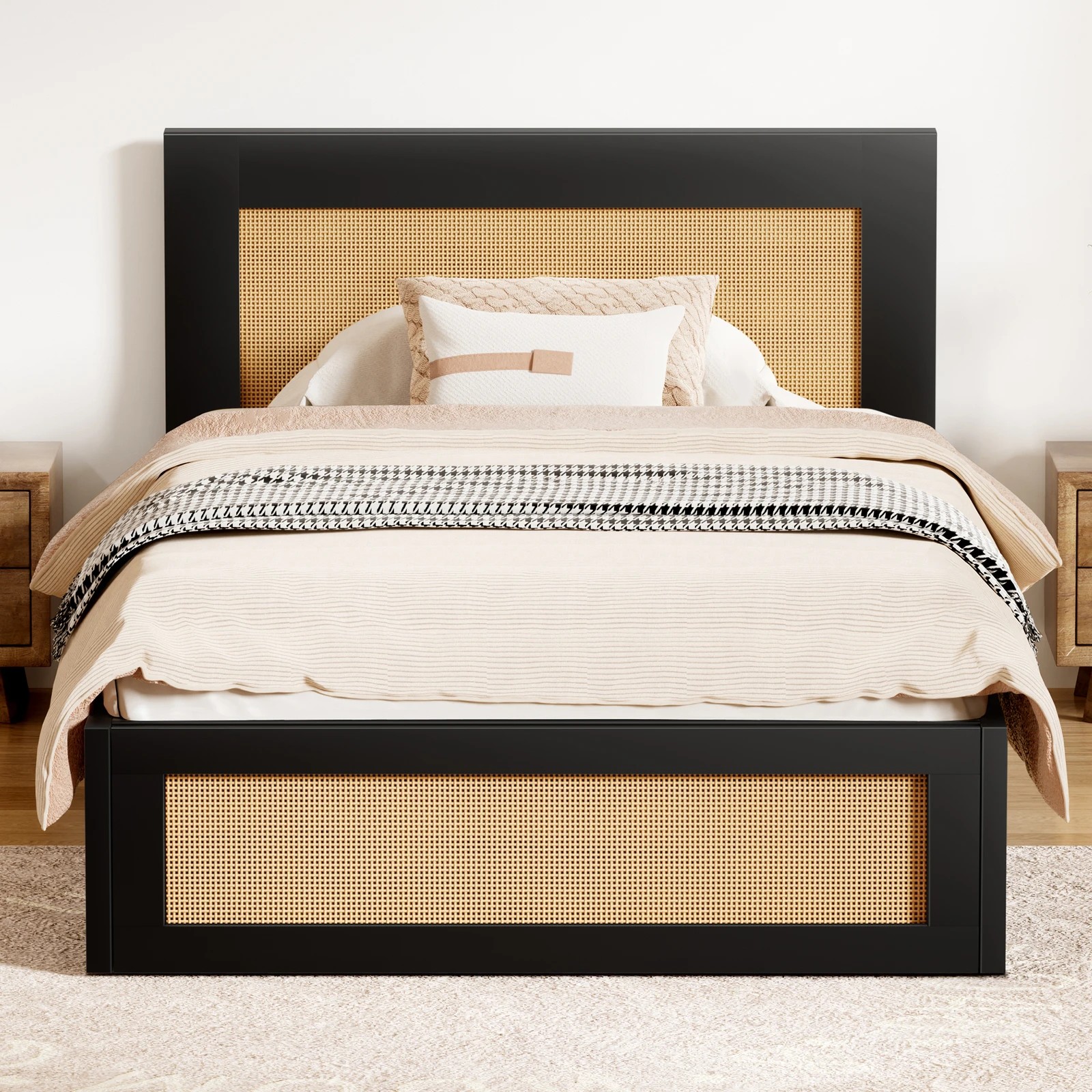 4 Alfordson Wooden Bed Frame Single Size Rattan Bed Base with Storage Drawer - Black, 4 of 10