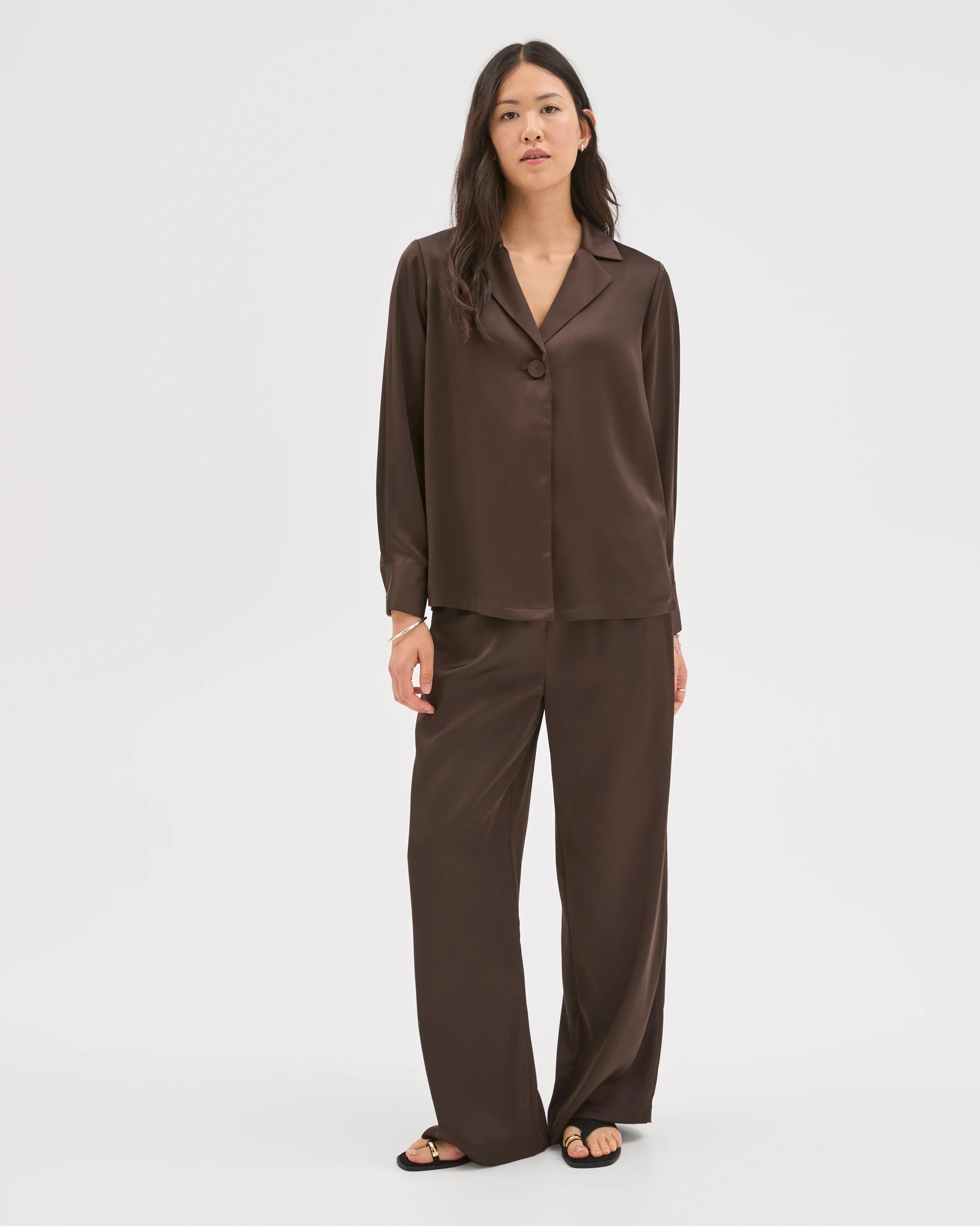 2 Preview Long Sleeve Satin Shirt COFFEE BEAN, 2 of 6