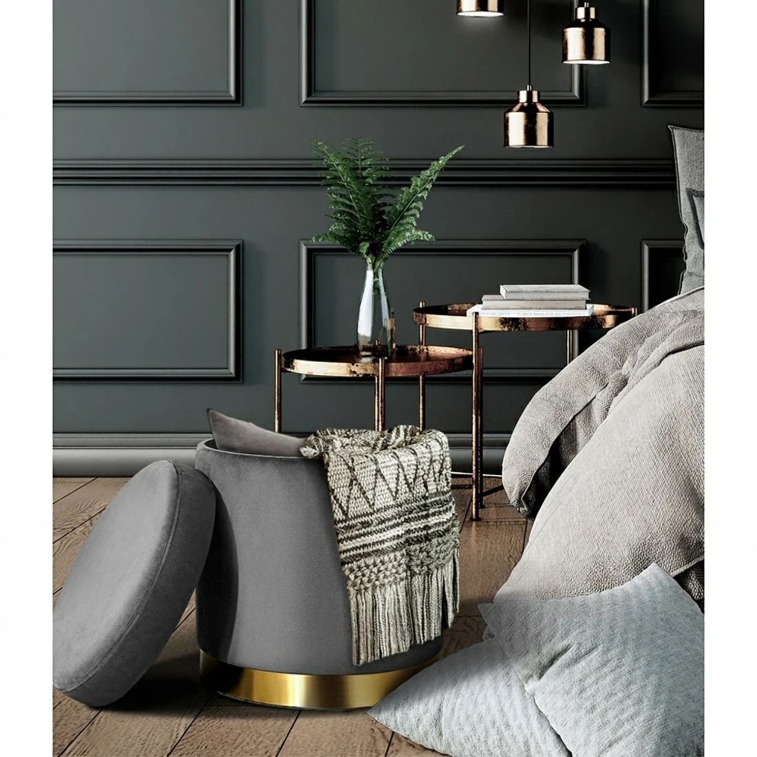 4 Artiss Ottoman Storage Foot Stool Round Velvet Charcoal - Charcoal, 4 of 6