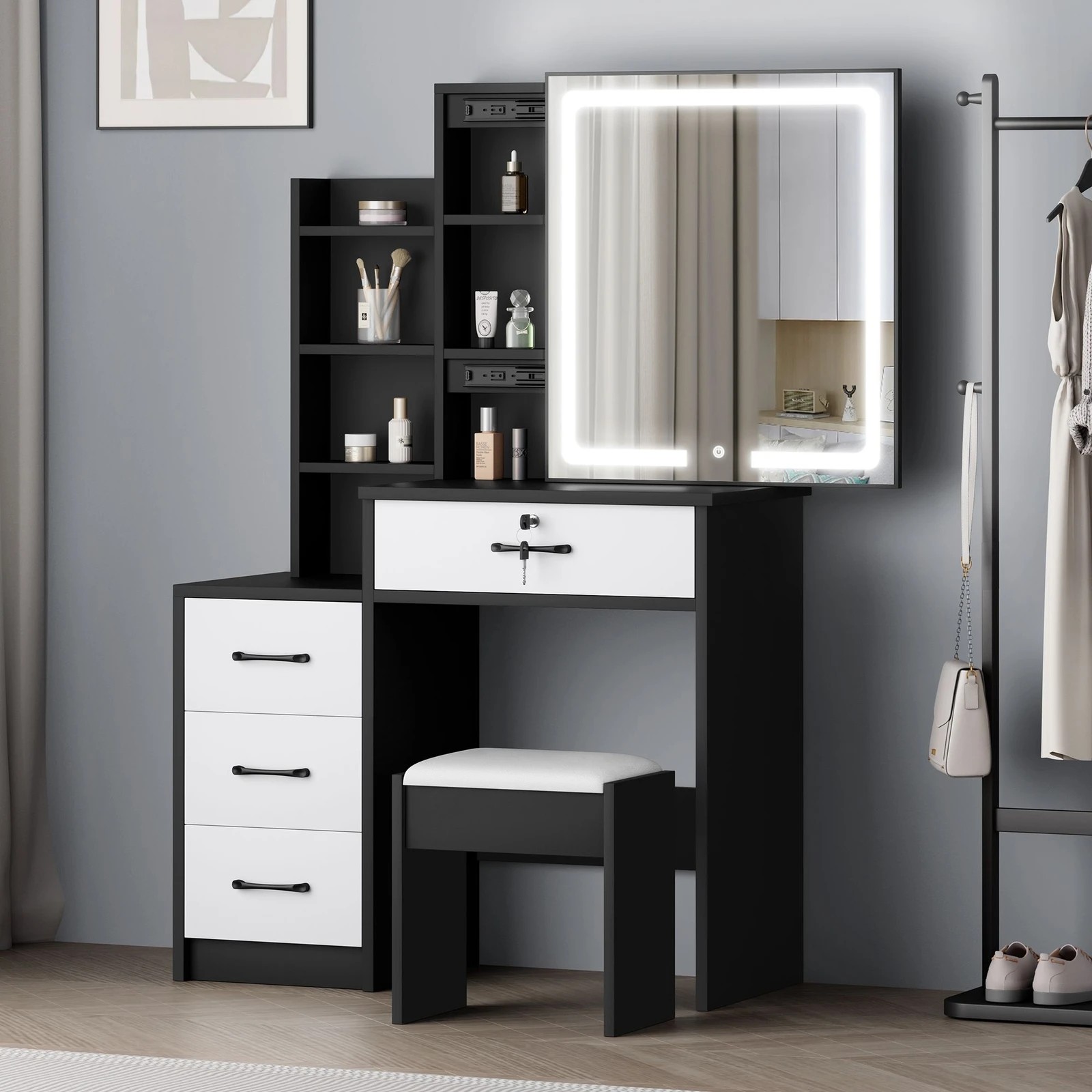 3 Alfordson Dressing Table Stool Set Makeup Mirror Vanity Desk Drawers - Black White, 3 of 10