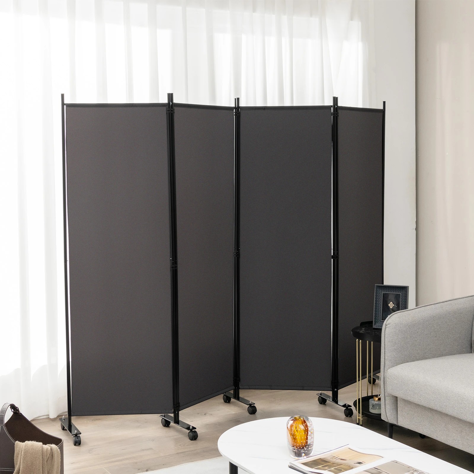 2 Costway 4-Panel Folding Room Divider 1.73m Rolling Privacy Screen w/Lockable Wheels - Grey, 2 of 3