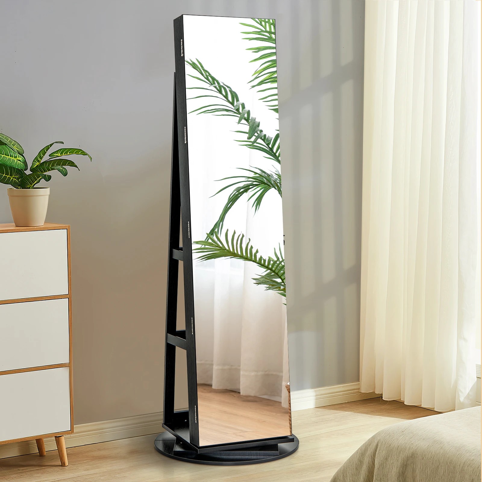 2 Costway 360° Rotating LED Jewellery Cabinet Full Length Mirror Armoire Makeup Cabinet - Black, 2 of 5