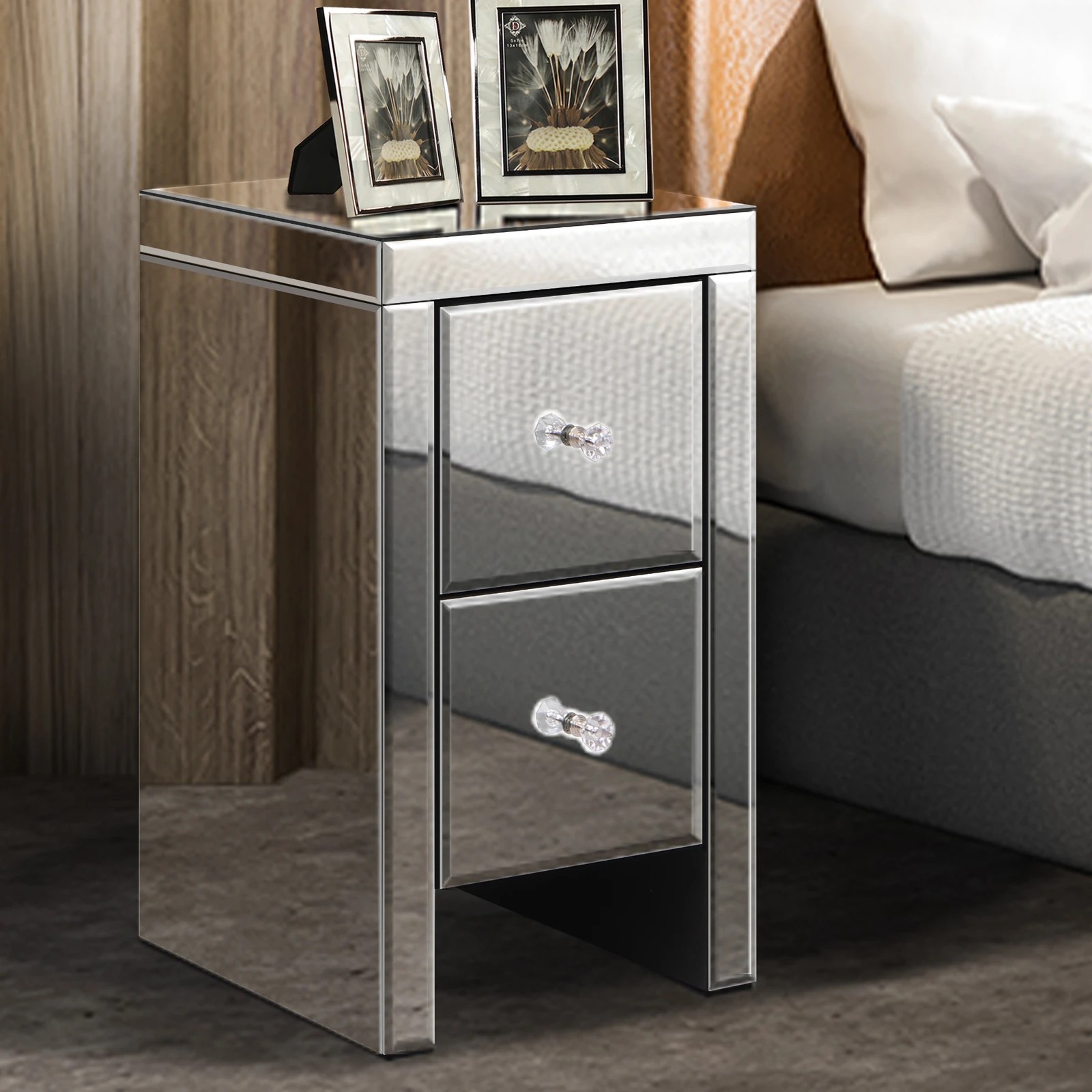 3 Alfordson 2x Mirrored Bedside Table Nightstand Storage Drawers - Silver, 3 of 10