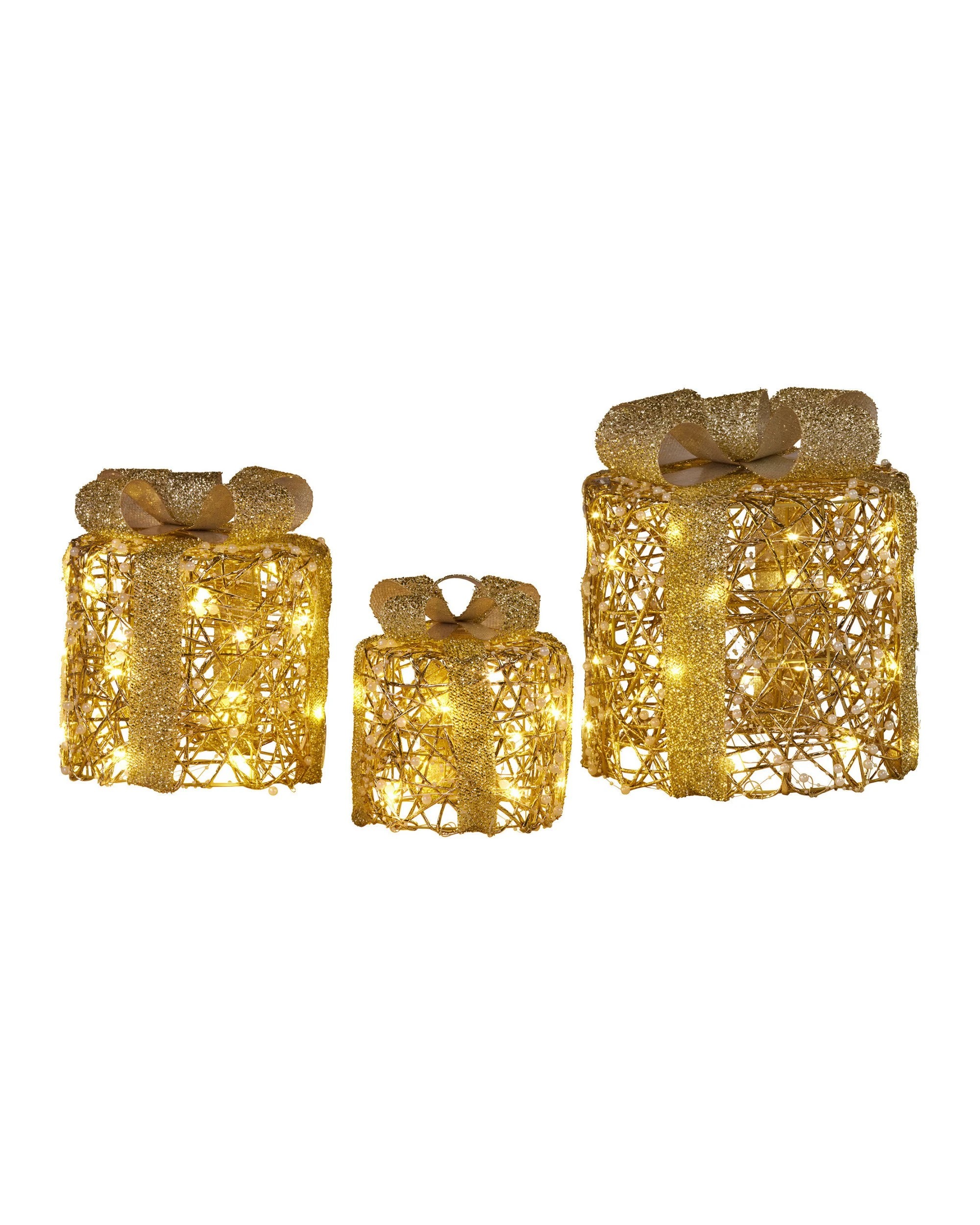 1 Christabelle Set Of 3 Golden Christmas Gift Boxes Led Lights Indoor Holiday Decoration Ornament, 1 of 7