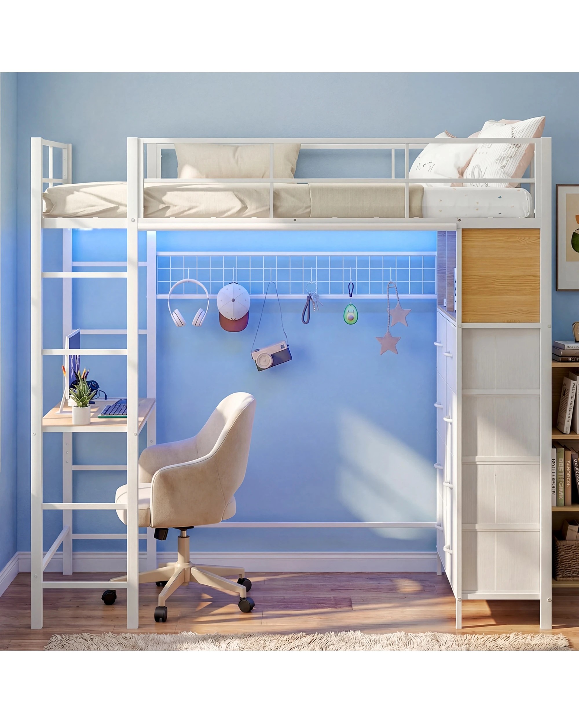 8 Advwin Single Loft Bed Frame with LED & Desk & Charging Station & Storage - White, 8 of 8