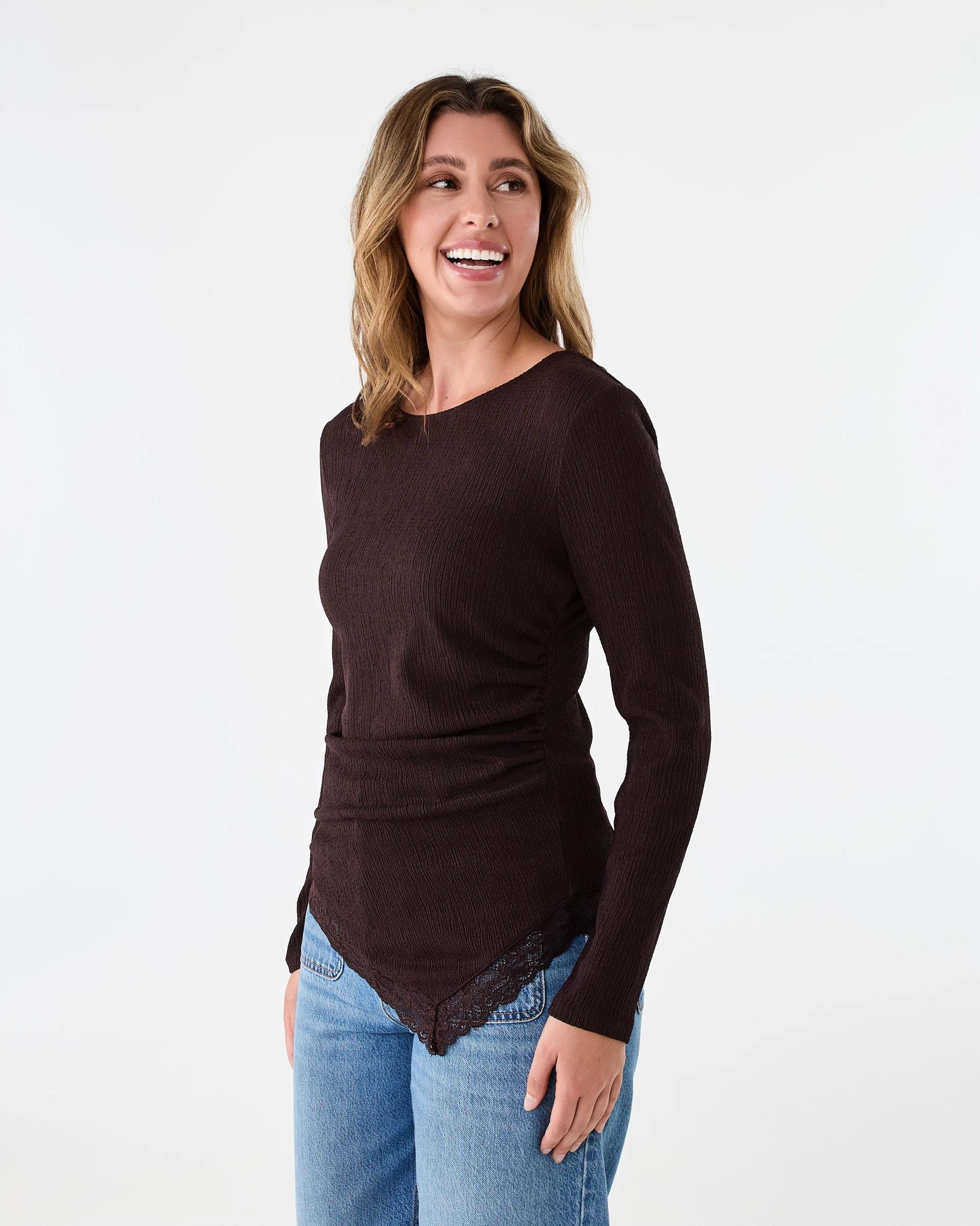 2 Long Sleeve Asymmetrical Lace Trim Top Choc Plum, 2 of 7