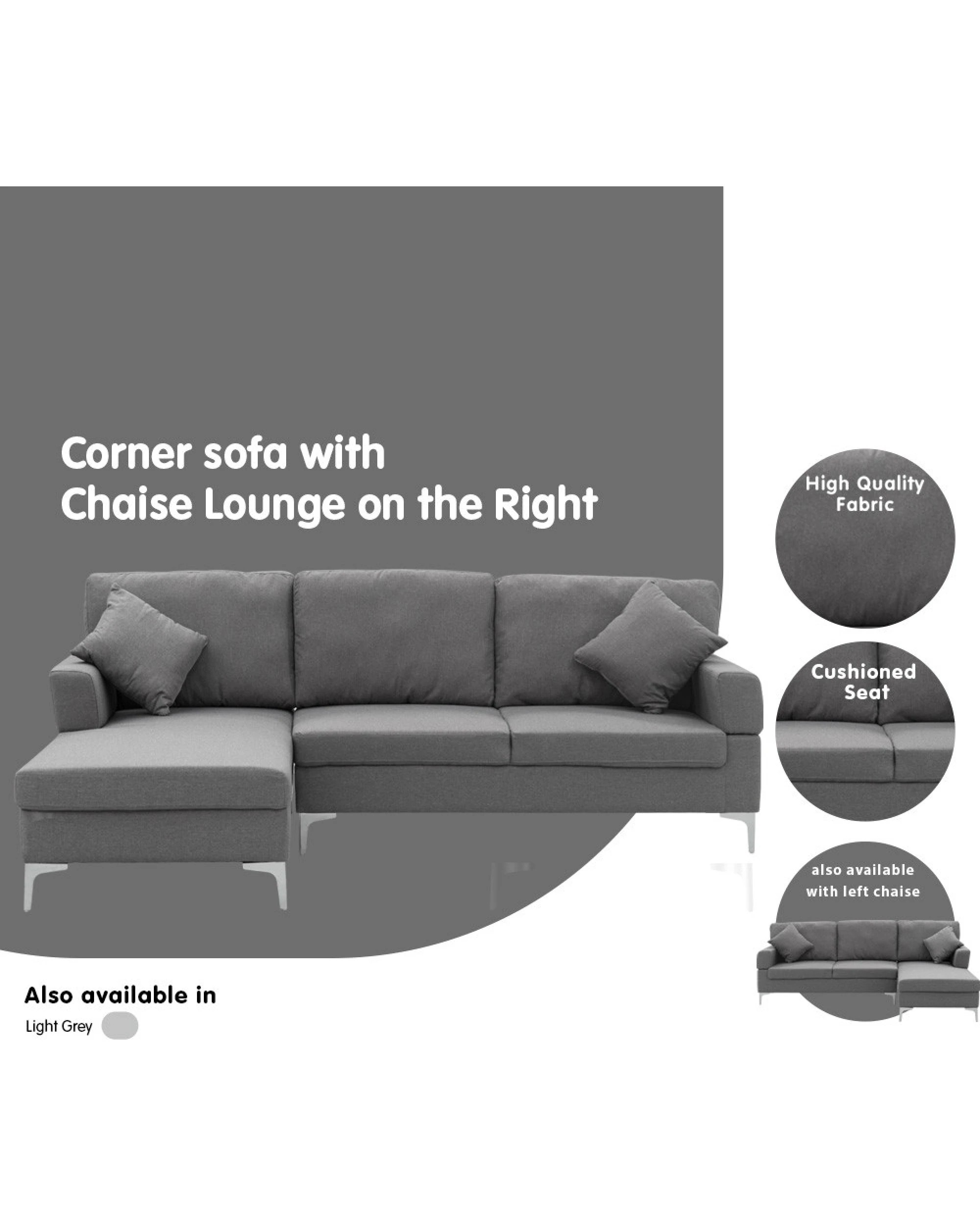 7 Sarantino Linen Corner Sofa Couch Lounge L-shape Right Chaise D.grey, 7 of 7