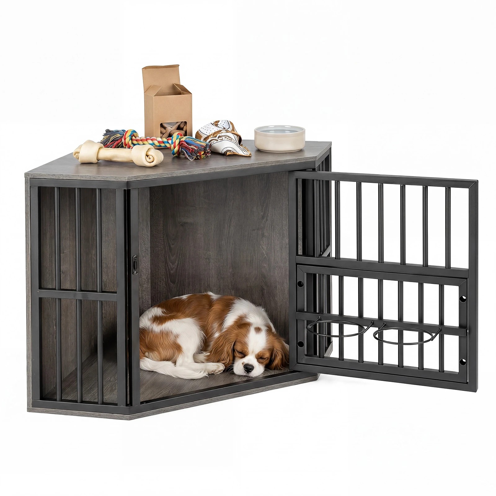 6 Costway Corner Dog Crate 2-in-1 Dog Kennel & TV Stand w/Dog Bowl Rack - Grey, 6 of 6