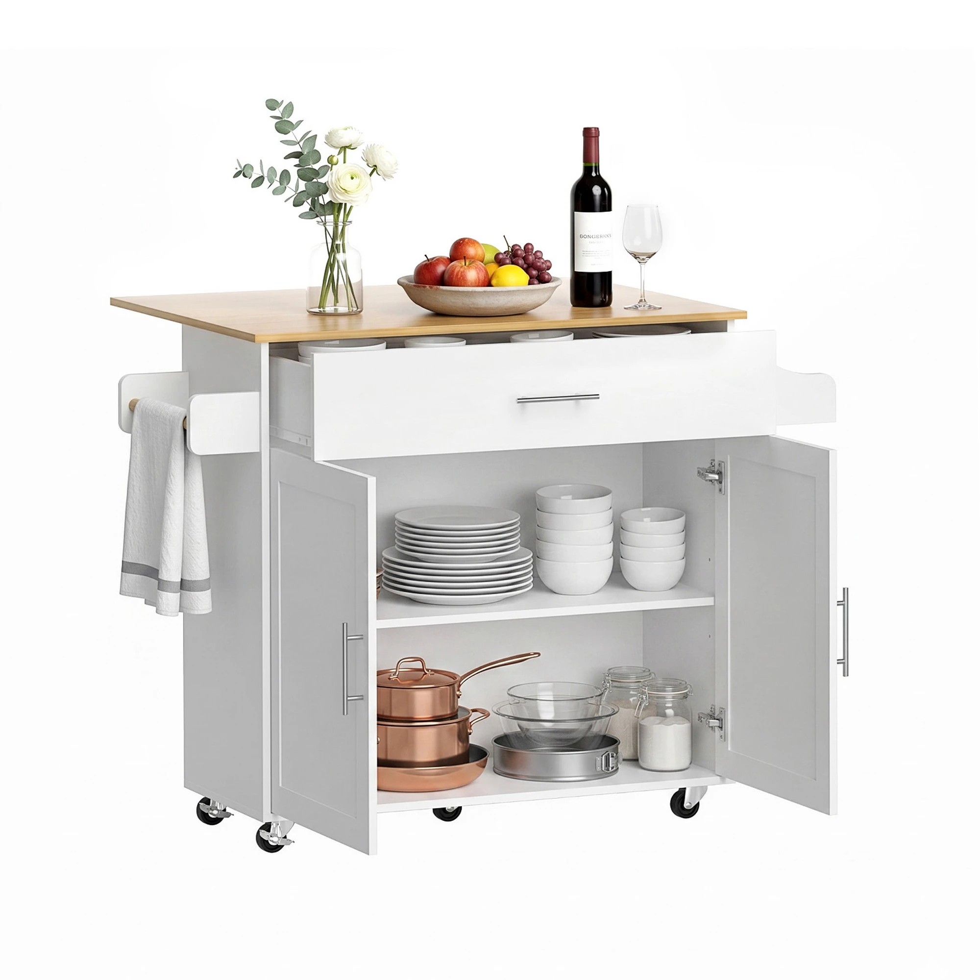 1 Artiss Kitchen Island Trolley Rolling Serving Cart Storage Drawer Cabinet 90cm - White, 1 of 9