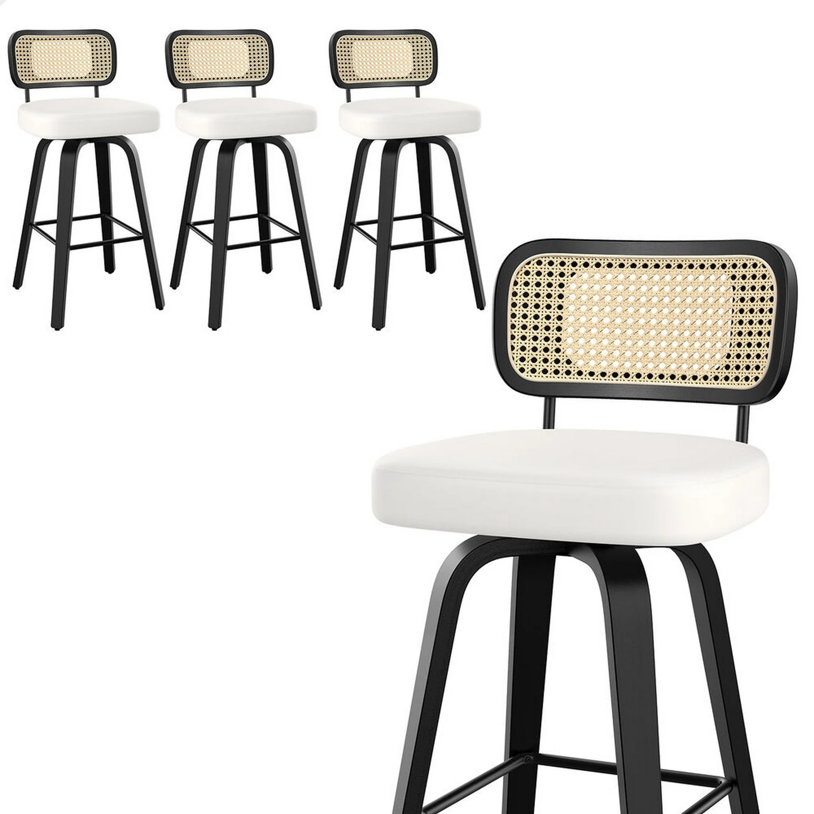 1 Alfordson 4x Bar Stools Kitchen Vintage Leather Seat Rattan Chair - White, 1 of 9