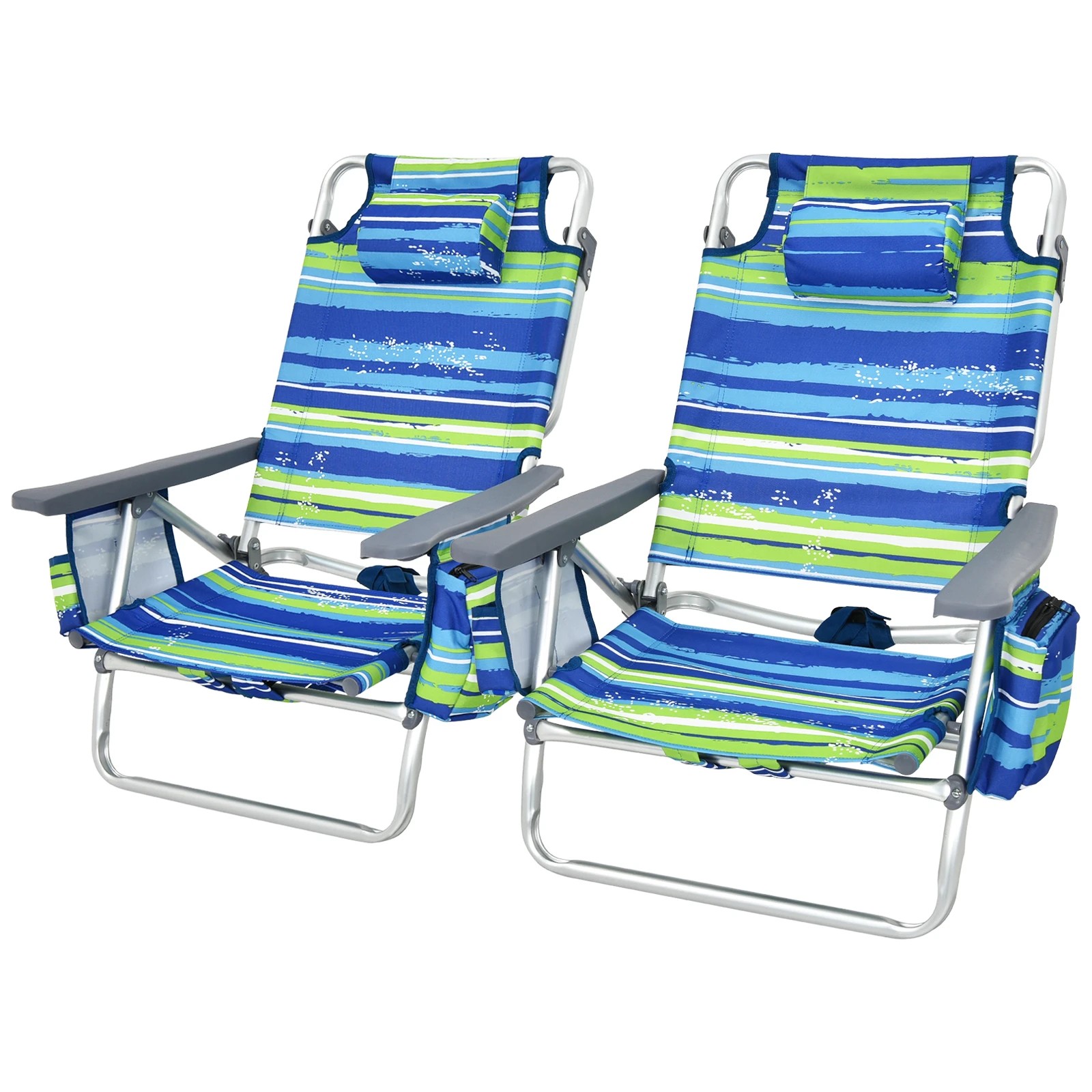 1 Costway 2x Folding Beach Chair 5-Position Adjustable Reclining Chair w/Headrest Blue Green Stripe, 1 of 1