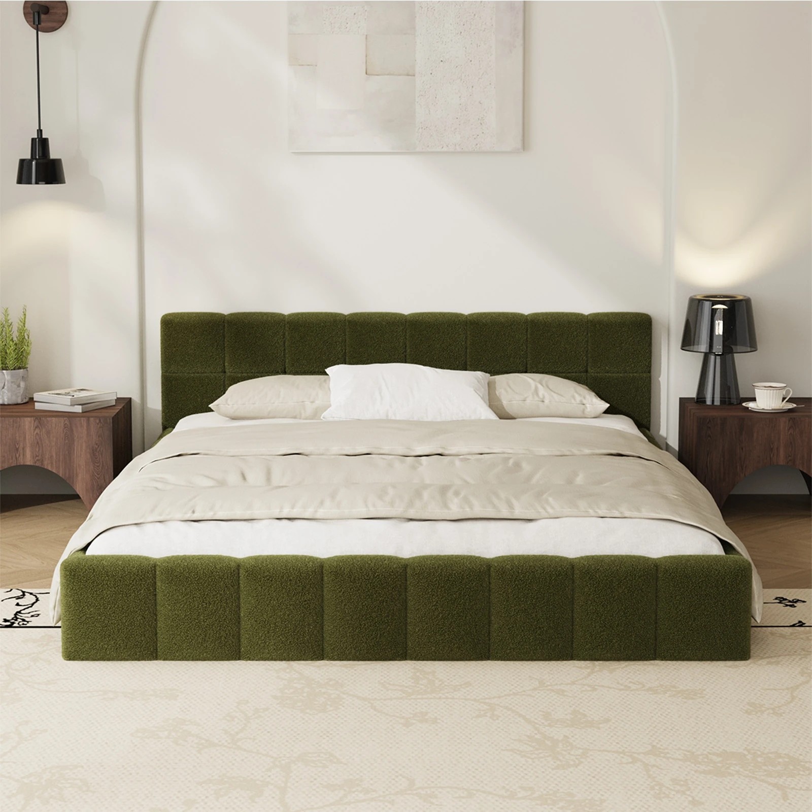 3 Oikiture Bed Frame Queen Size Tufted Headboard Boucle - Green, 3 of 9