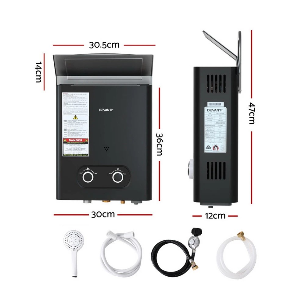 2 Devanti Portable Gas Water Heater LPG-powe System - Black, 2 of 6
