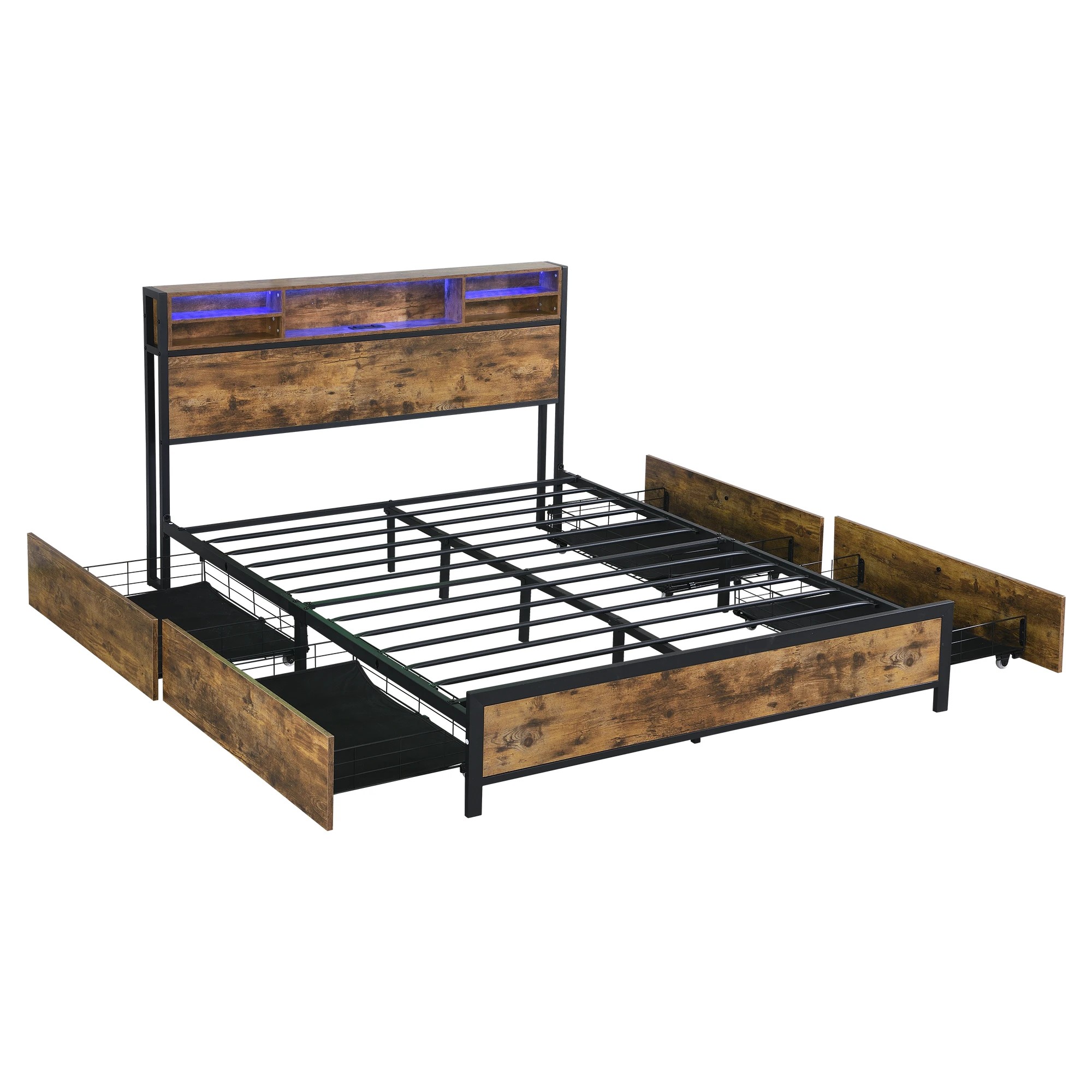 1 Levede Q Size Bed Frame Industrial with LED and Charging Station, 1 of 9