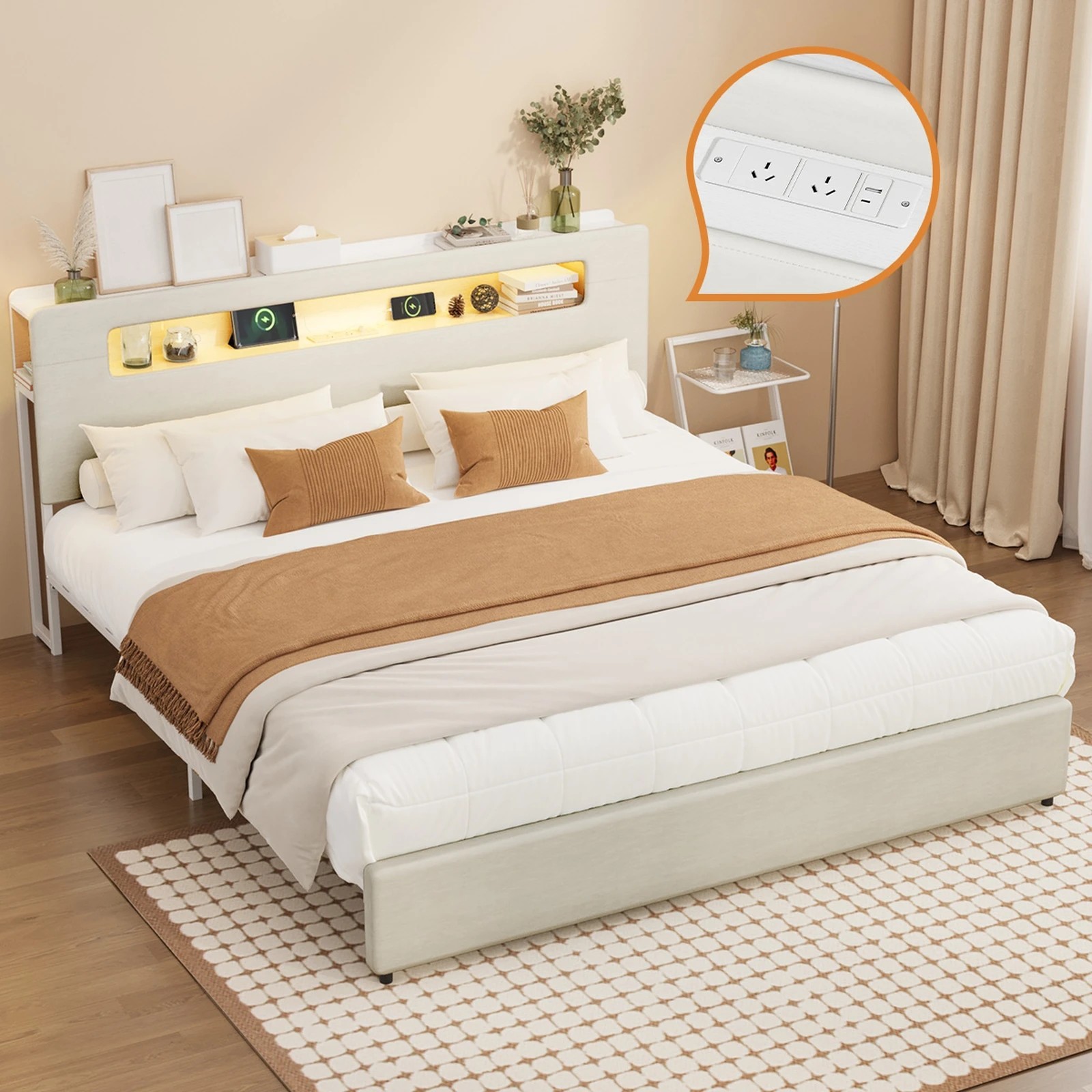 2 Oikiture Bed Frame King Size with LED Lights USB Charging Storage Headboad - White, 2 of 6