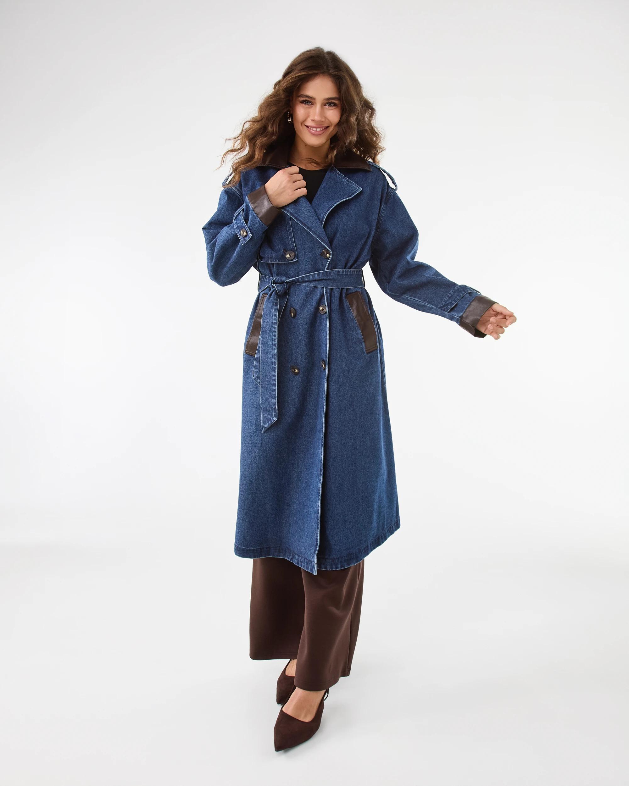 2 Leather Look Trim Denim Trench Coat Dark Wash, 2 of 9