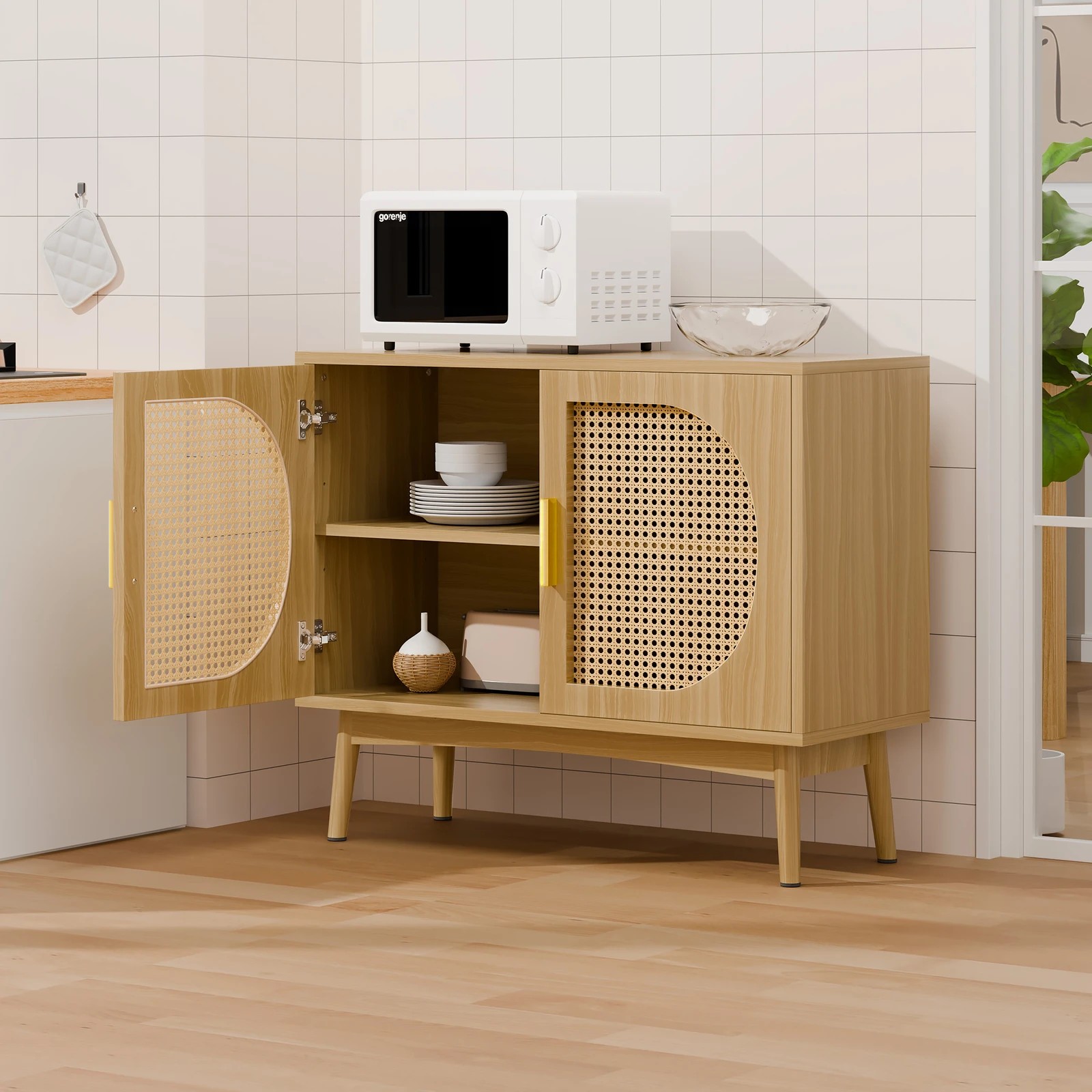 3 Alfordson Buffet Sideboard Cabinet Storage Rattan Cupboard Shelf - Oak, 3 of 9