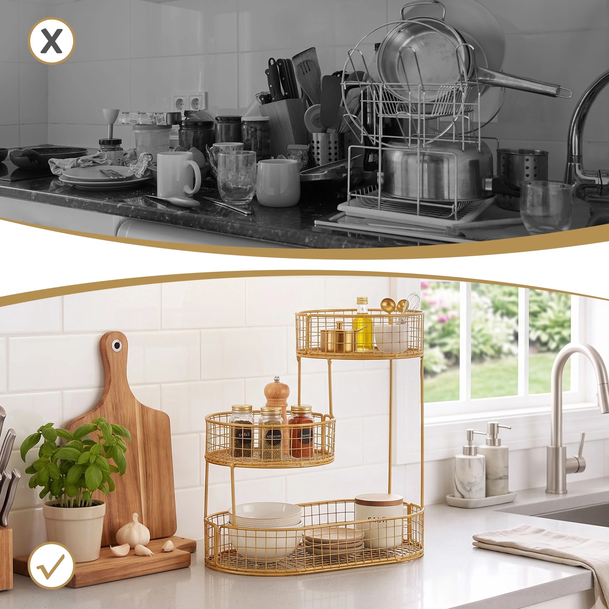 7 5-Star Chef 3 Tier Fruit Basket Bowl Space Saving Kitchen Food Storage Organiser Golden - Gold, 7 of 7