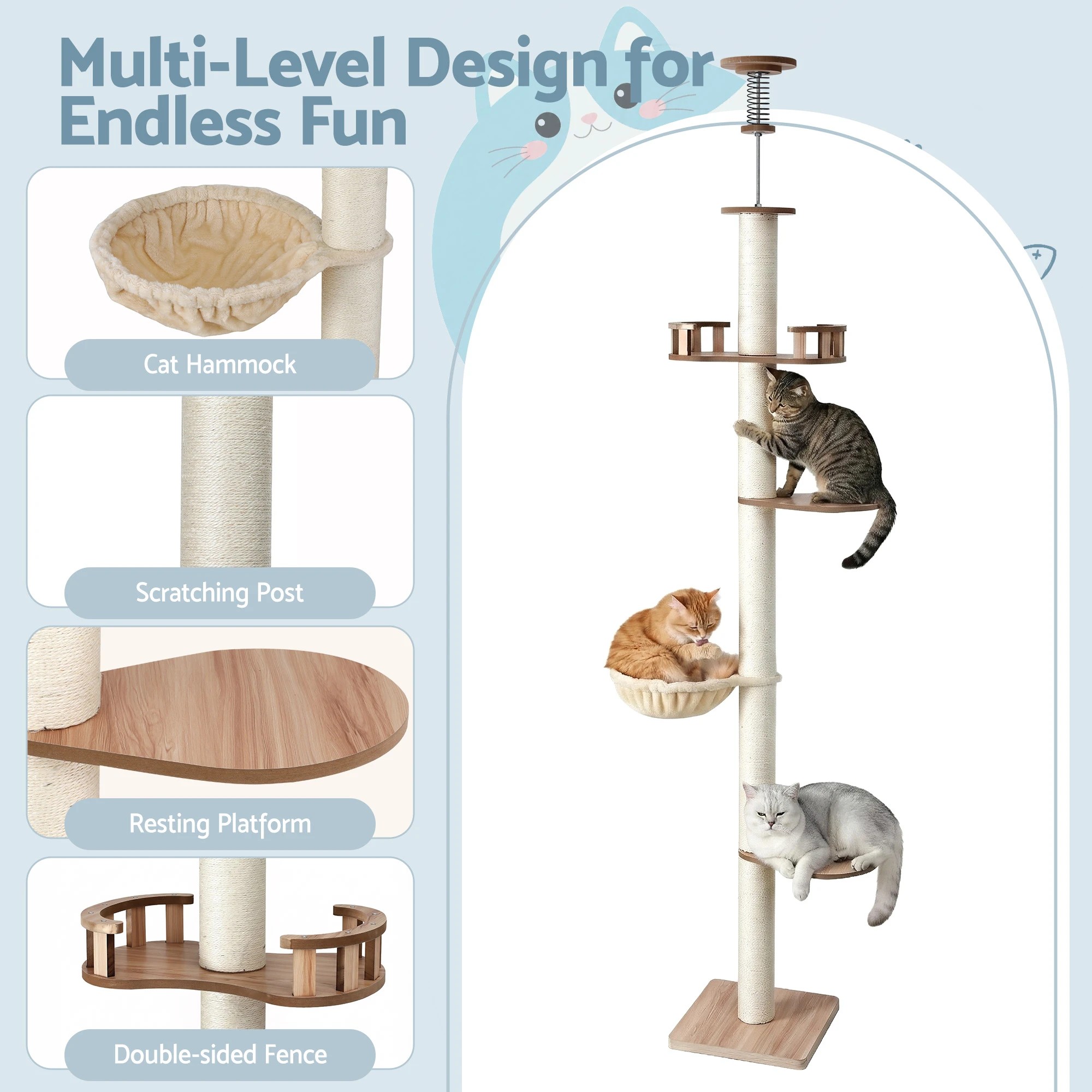 6 i.Pet Cat Tree Tower Floor to Ceiling Scratching Post 270cm - Beige, 6 of 9