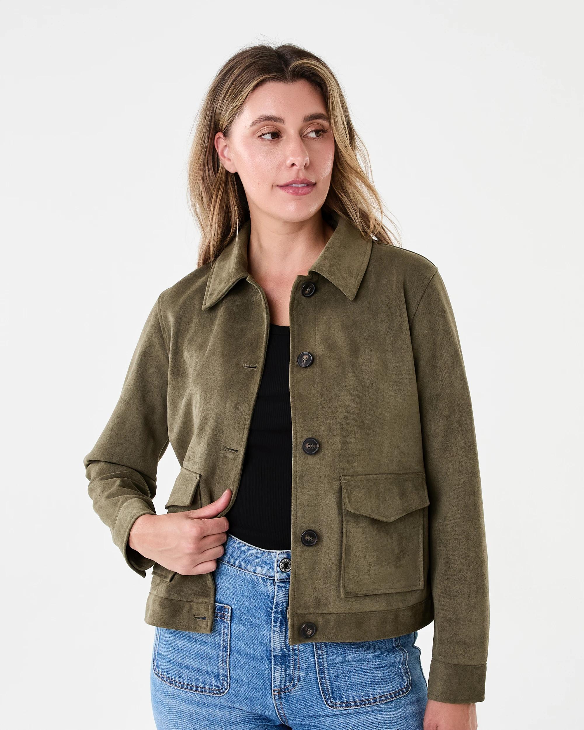 1 Fitted Suedette Jacket Deep Olive, 1 of 9