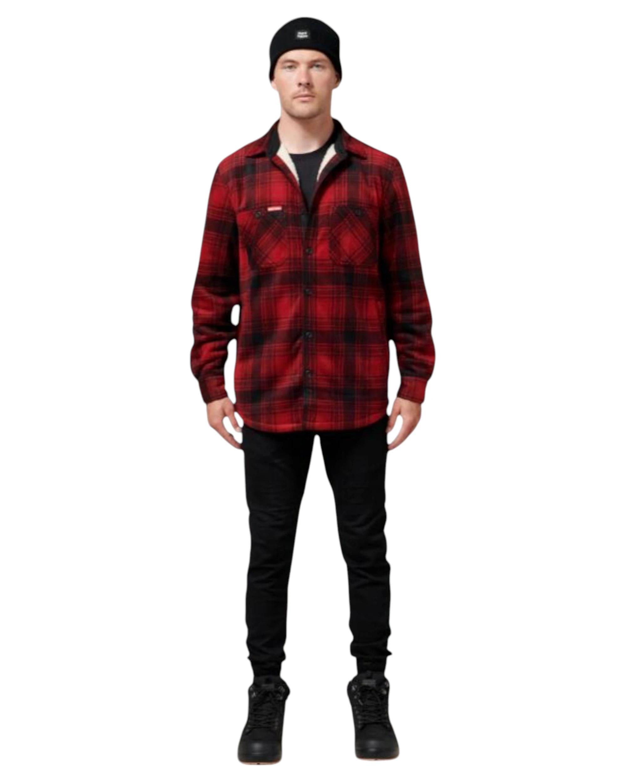 4 Hard Yakka Mens Legends Sherpa Fleece Jacket Shirt Camper Red With Free Beanie CAMPER RED, 4 of 9