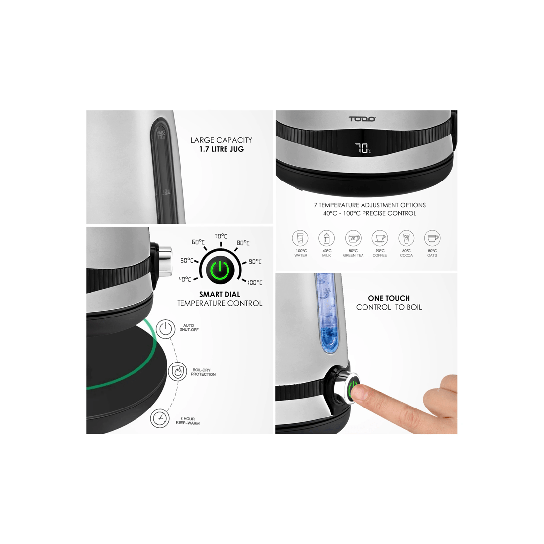 6 TODO 1.7L Stainless Steel Cordless Kettle Keep Warm Electric Led Water Jug - Silver, 6 of 6