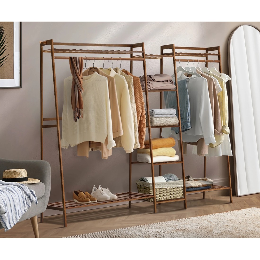 3 Oikiture Clothes Rack Open Wardrobe Garment Coat Hanging Rail Bamboo 9 Shelves
 - Natural, 3 of 10