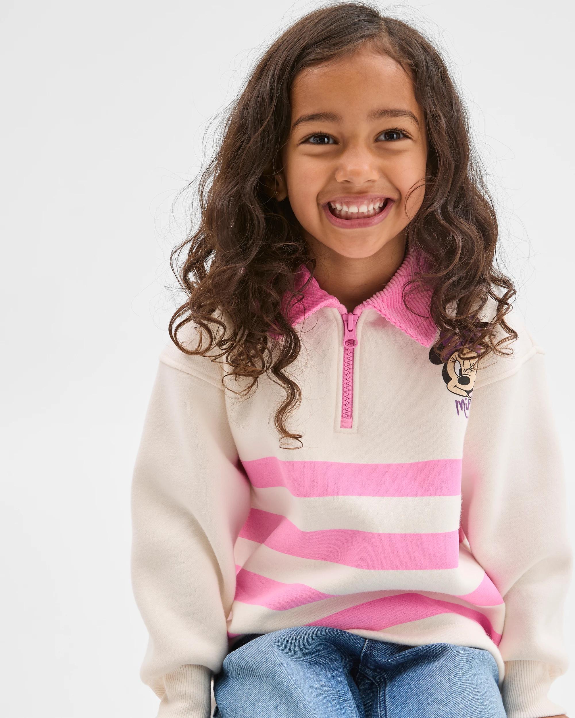 3 Disney Minnie Mouse Australian Cotton Fleece 1/4 Zip Corduroy Collar Jumper PINK/OAT MARLE, 3 of 6