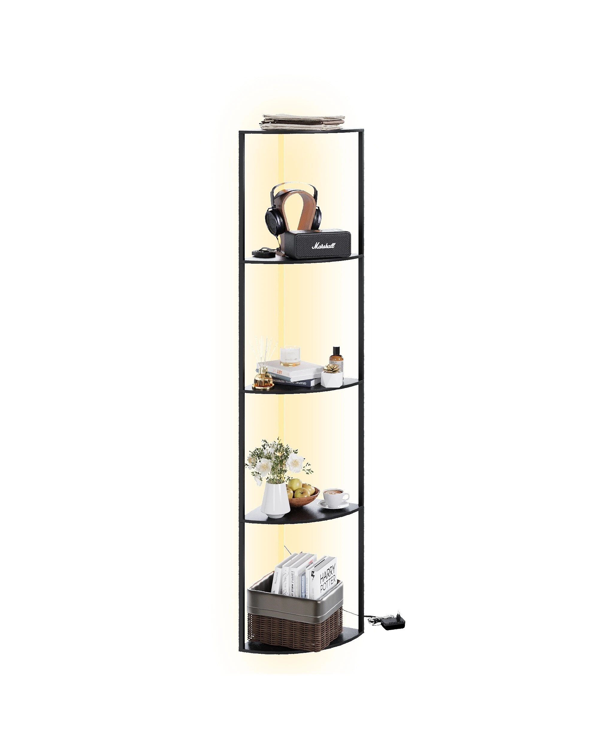 5 Ufurniture 5-Tier Corner Display Bookshelf 162cm LED Storgae Floor Lamp - Black, 5 of 7