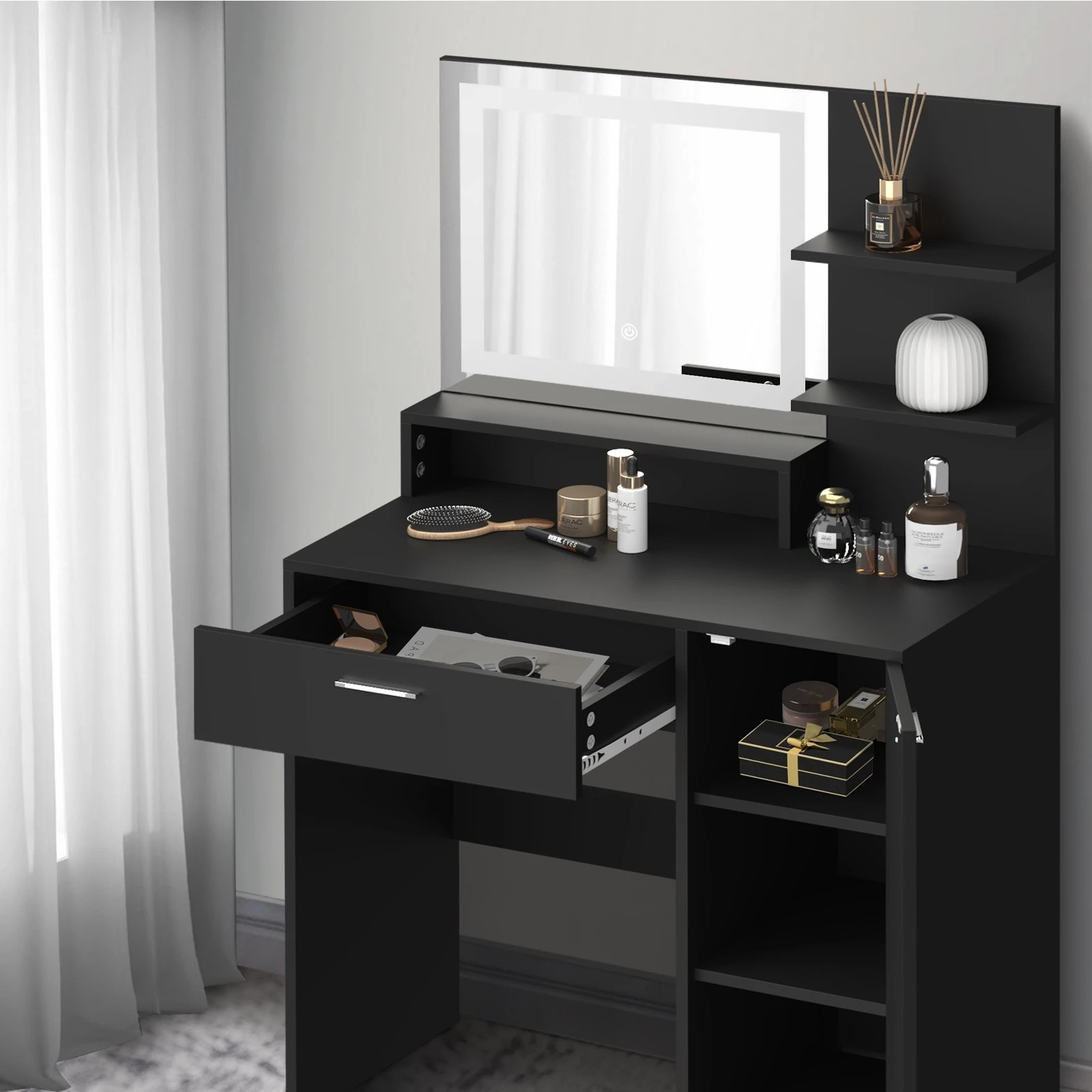 5 Oikiture Dressing Table Stool Set Makeup Mirror Led Light Large Cabinet
 - Black, 5 of 9