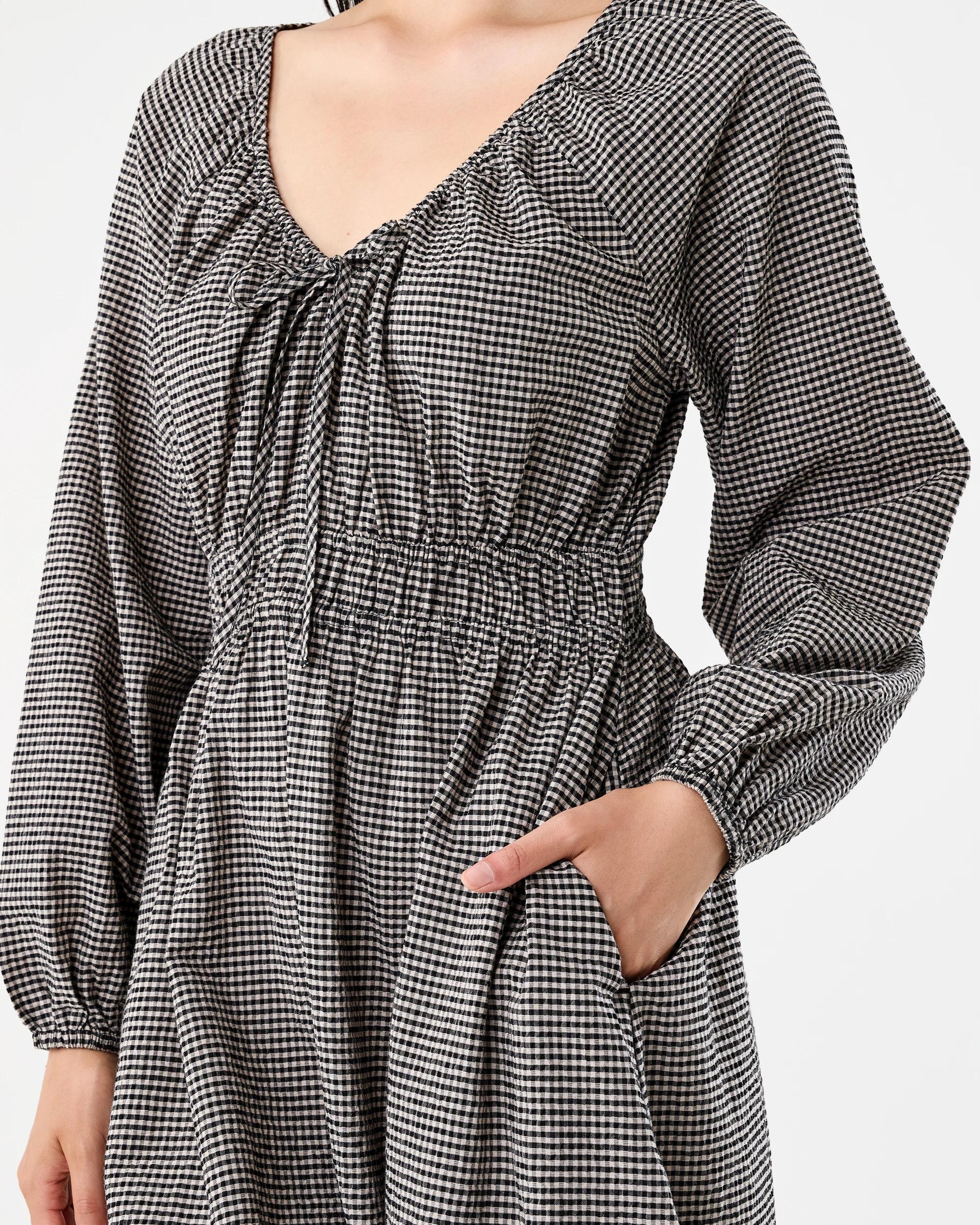 7 Long Sleeve V-Neck Gingham Midi Dress Black Ging, 7 of 7