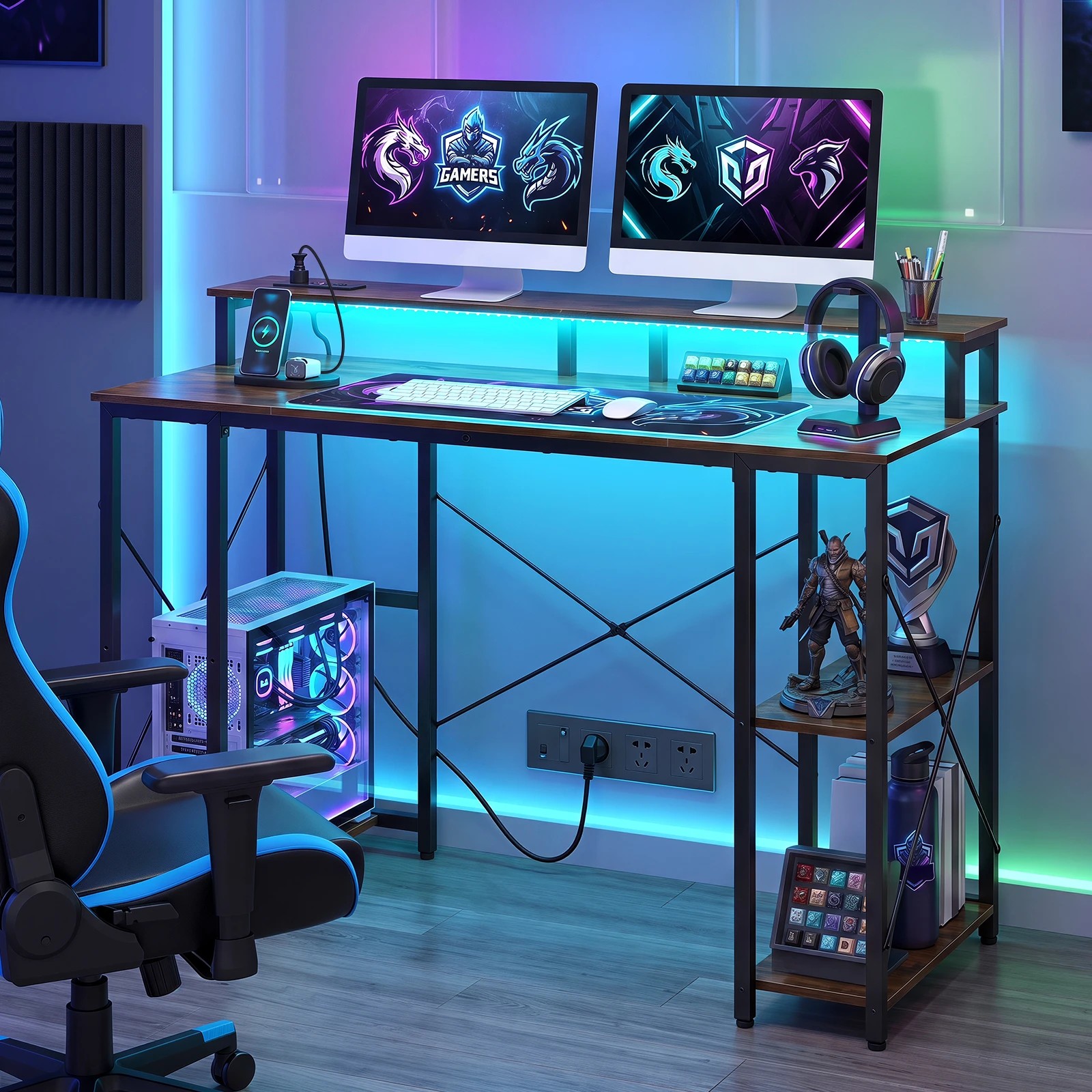 4 Costway 120cm Computer Desk w/Charging Station & LEDs Workstation Gaming Table - Brown, 4 of 5