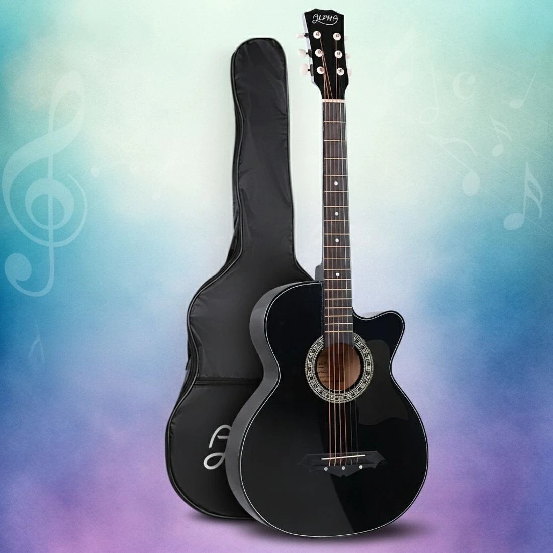 8 Alpha 38 Inch Acoustic Guitar Wooden Body Steel String Full Size Cutaway - Black, 8 of 8