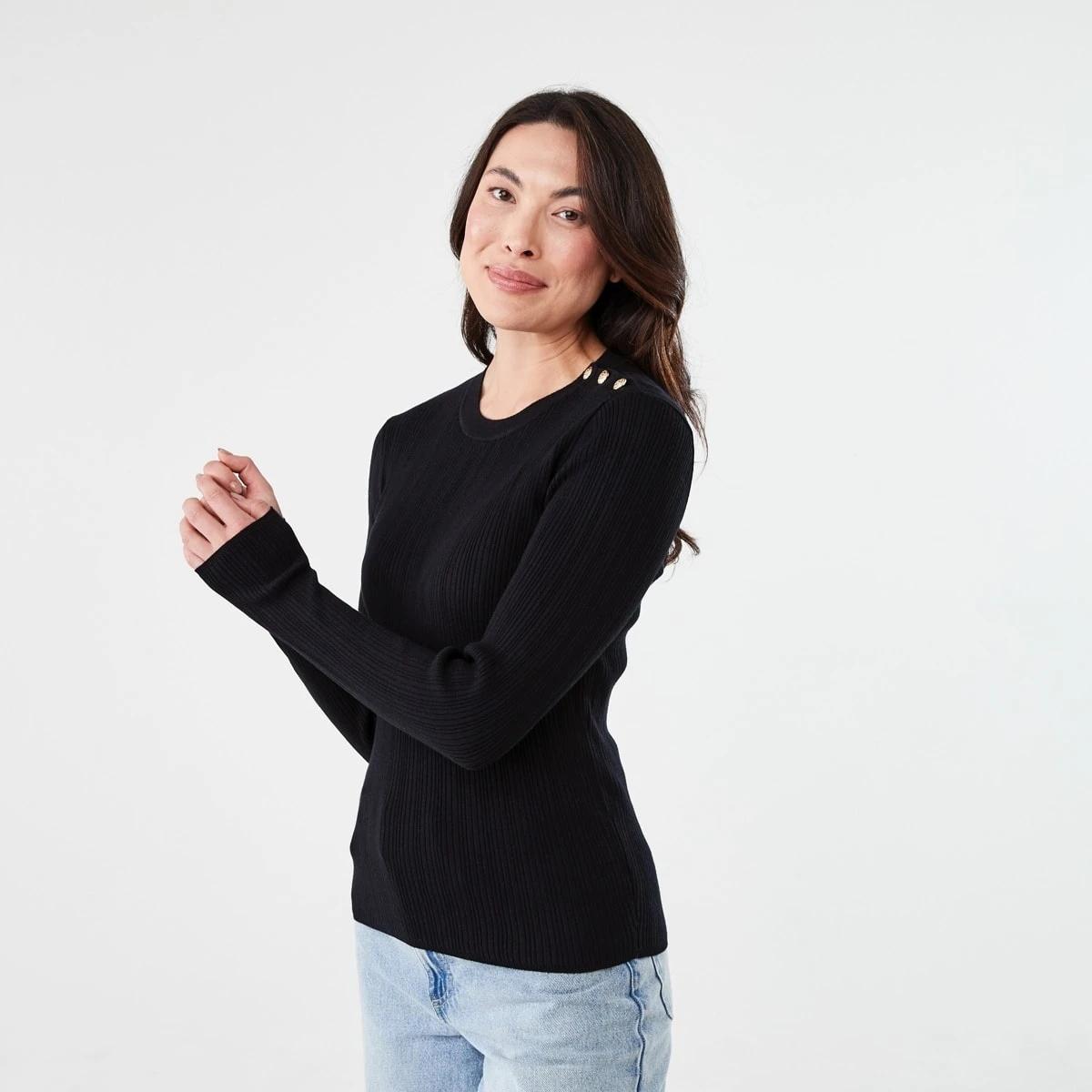 2 Long Sleeve Button Detail Top Black, 2 of 5