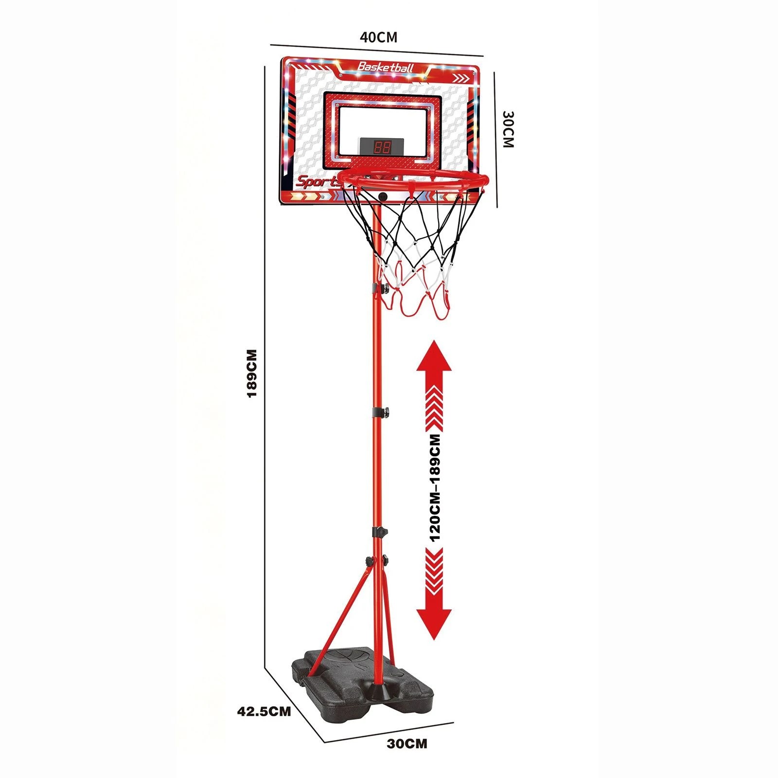 1 Ausway 1.2-1.89m Height Adjustable Kids Sport Basketball Hoop Stand with Electronic Scoreboard & LED Lights, 1 of 6